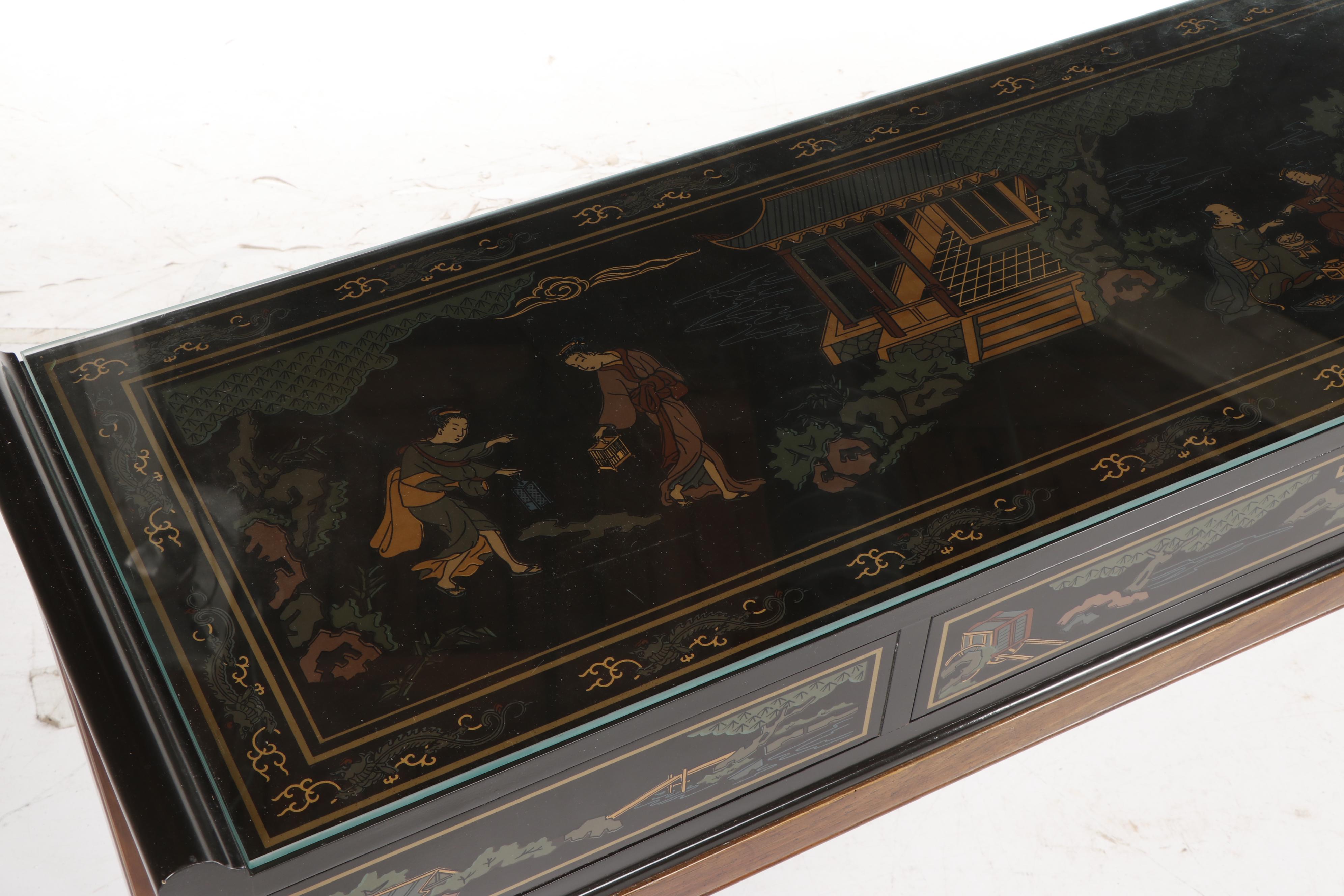 Chinoiserie Drexel Wooden Console Table and Pair of Stools on Casters