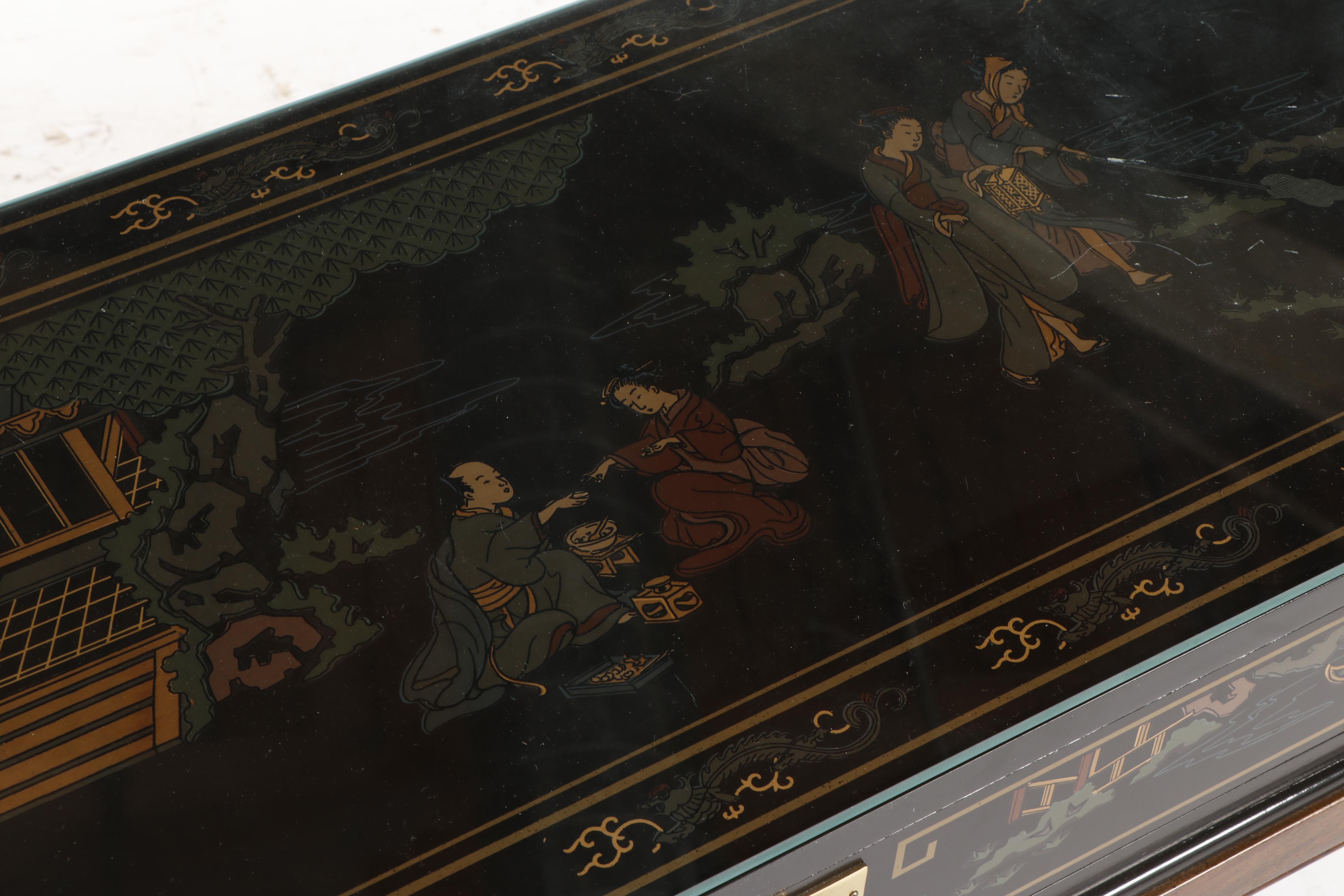 Chinoiserie Drexel Wooden Console Table and Pair of Stools on Casters