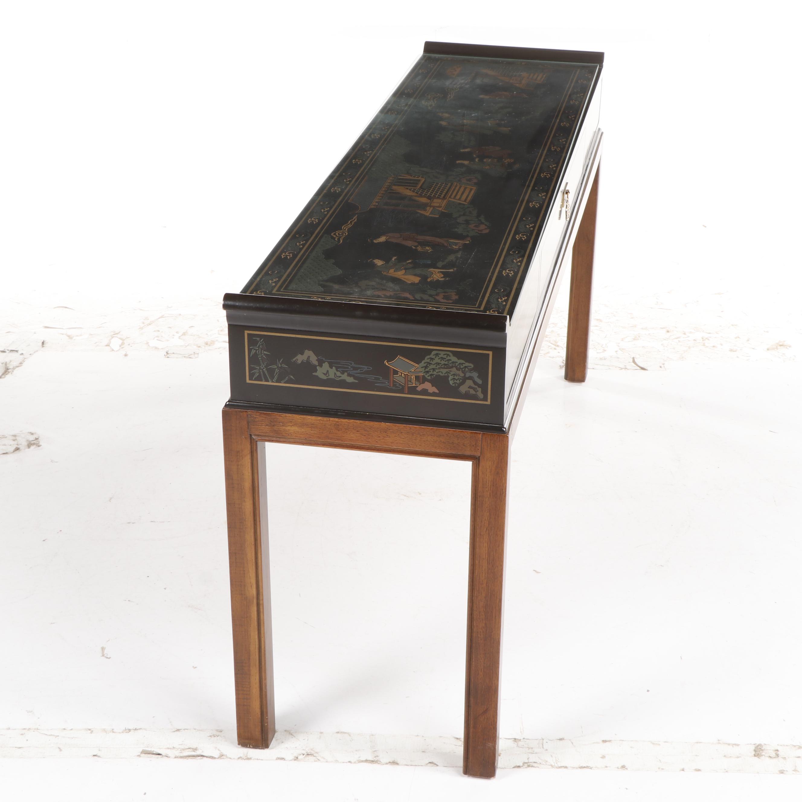 Chinoiserie Drexel Wooden Console Table and Pair of Stools on Casters