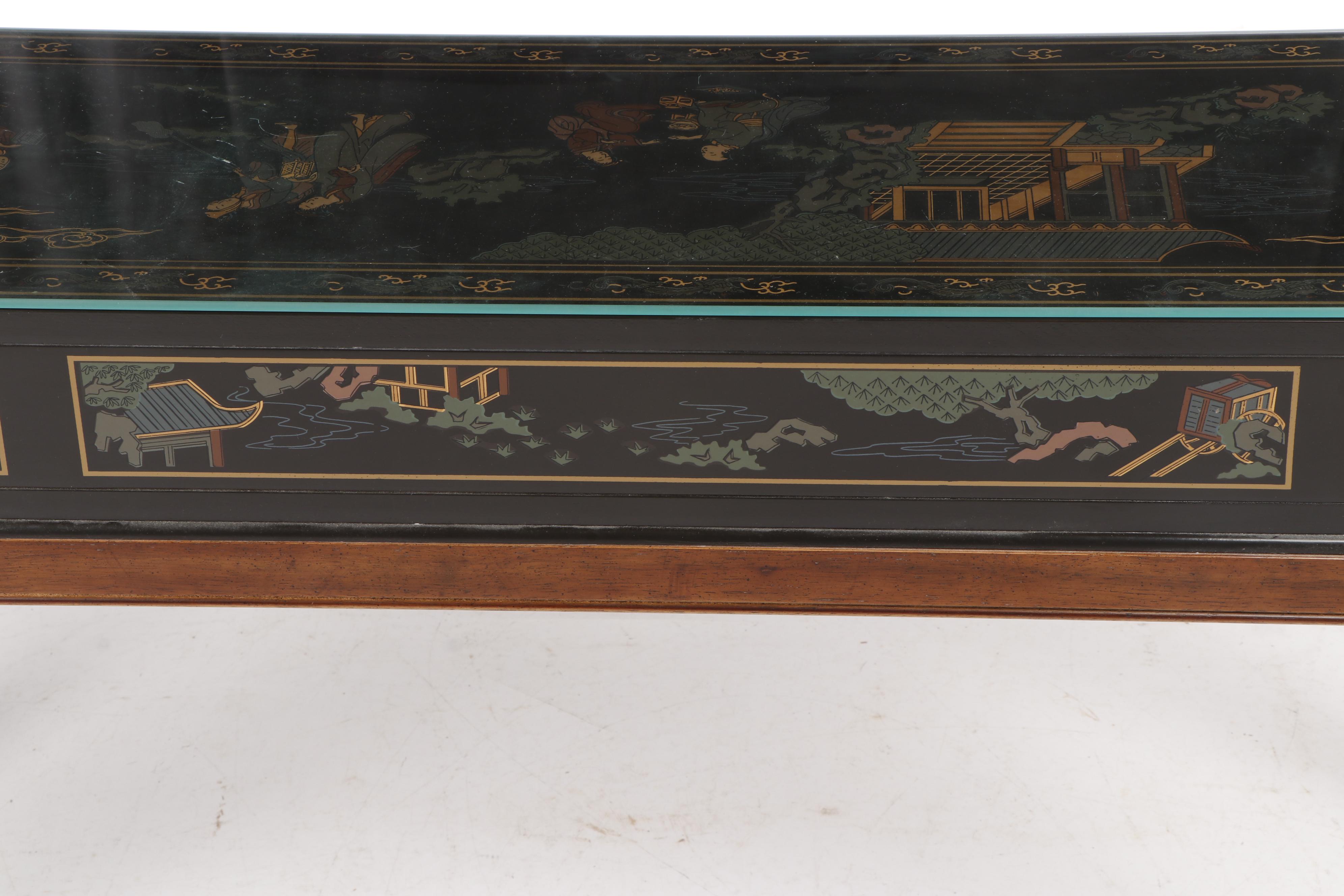 Chinoiserie Drexel Wooden Console Table and Pair of Stools on Casters