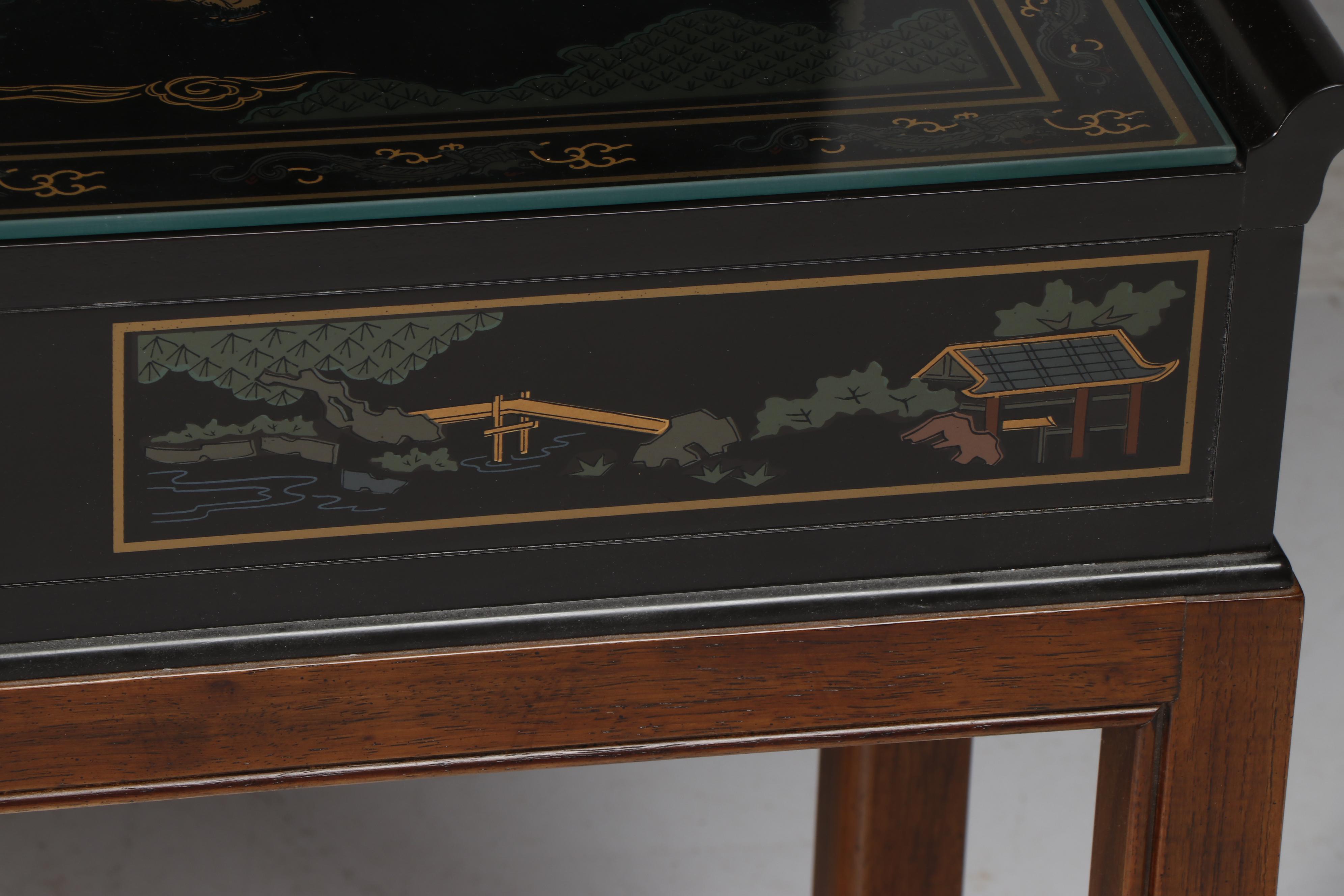 Chinoiserie Drexel Wooden Console Table and Pair of Stools on Casters