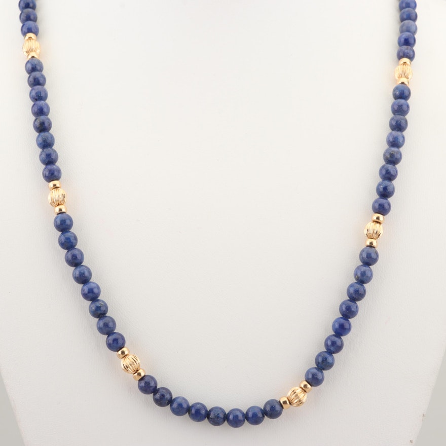 14K Yellow Gold Lapis Lazuli Necklace and Bracelet