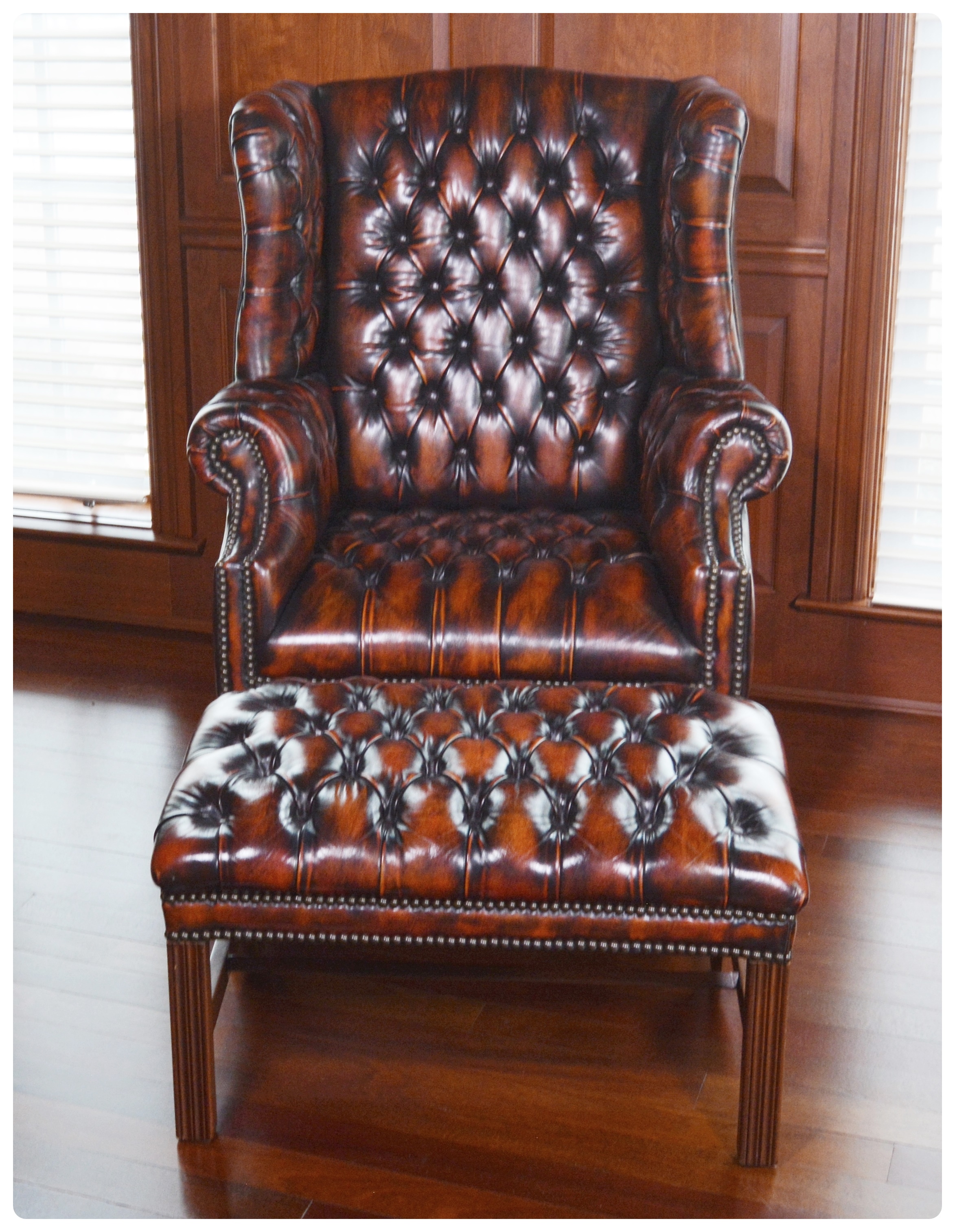 Tufted Wingback Mottled Leather Library Chair and Ottoman, Contemporary