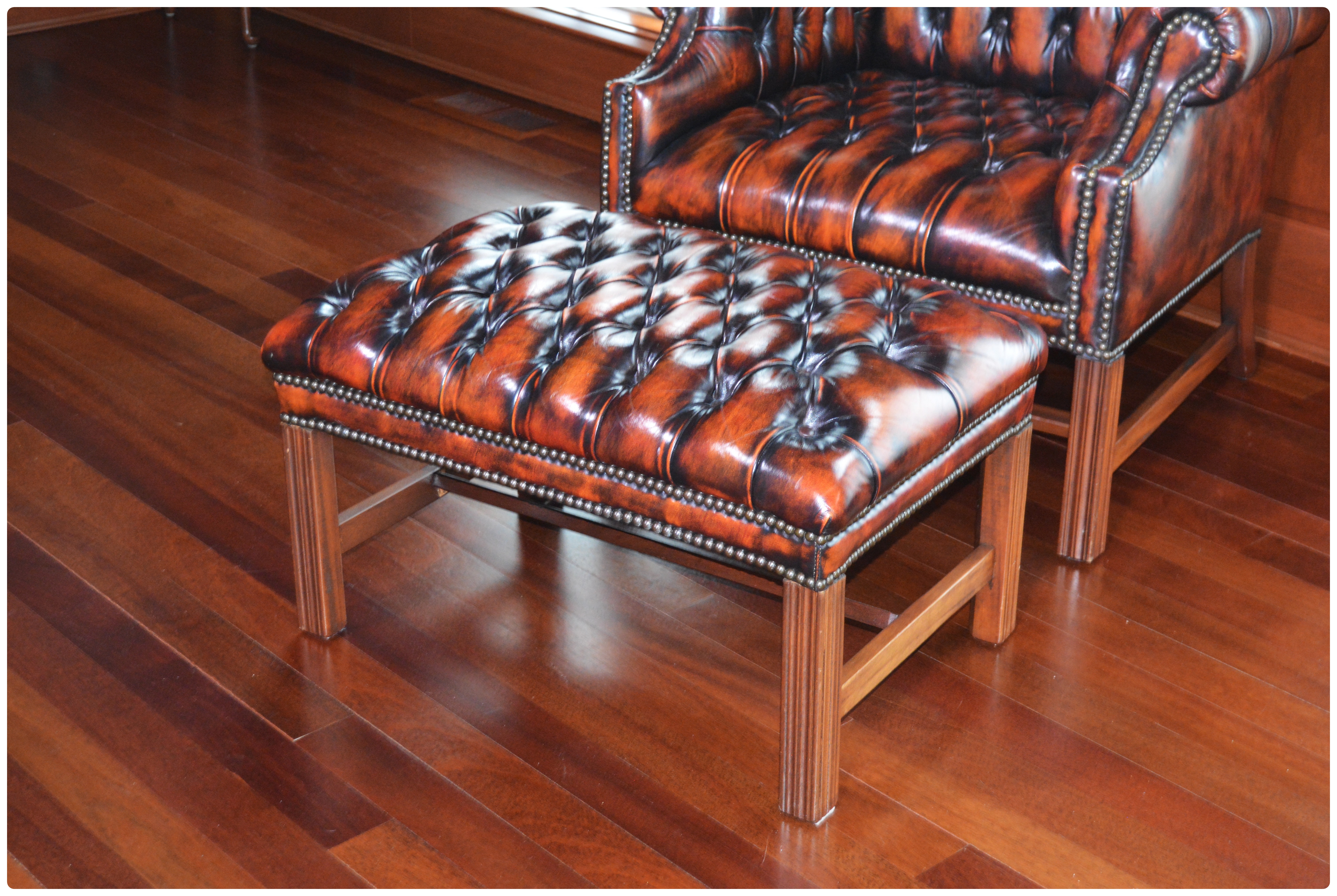 Tufted Wingback Mottled Leather Library Chair and Ottoman, Contemporary