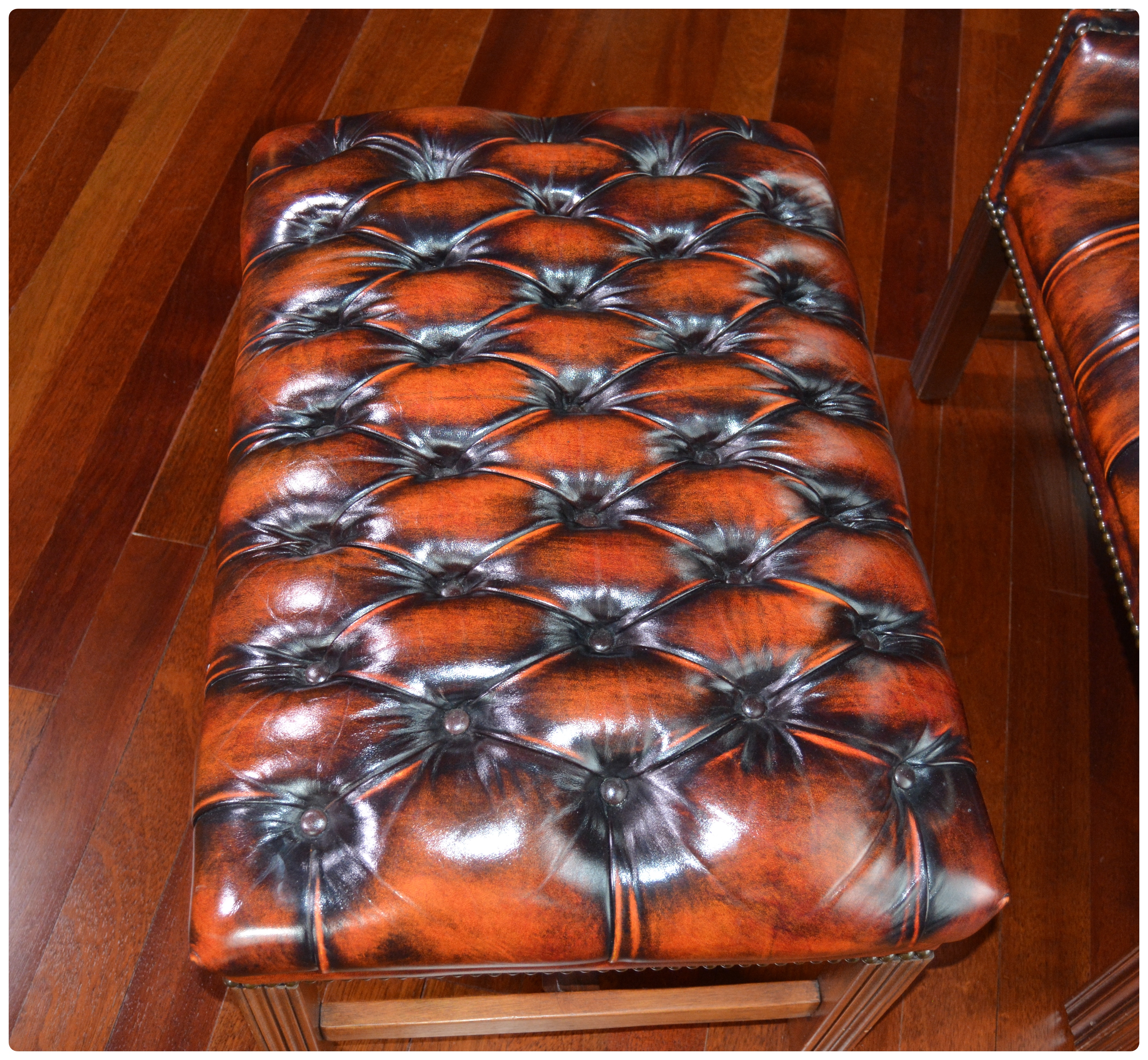 Tufted Wingback Mottled Leather Library Chair and Ottoman, Contemporary