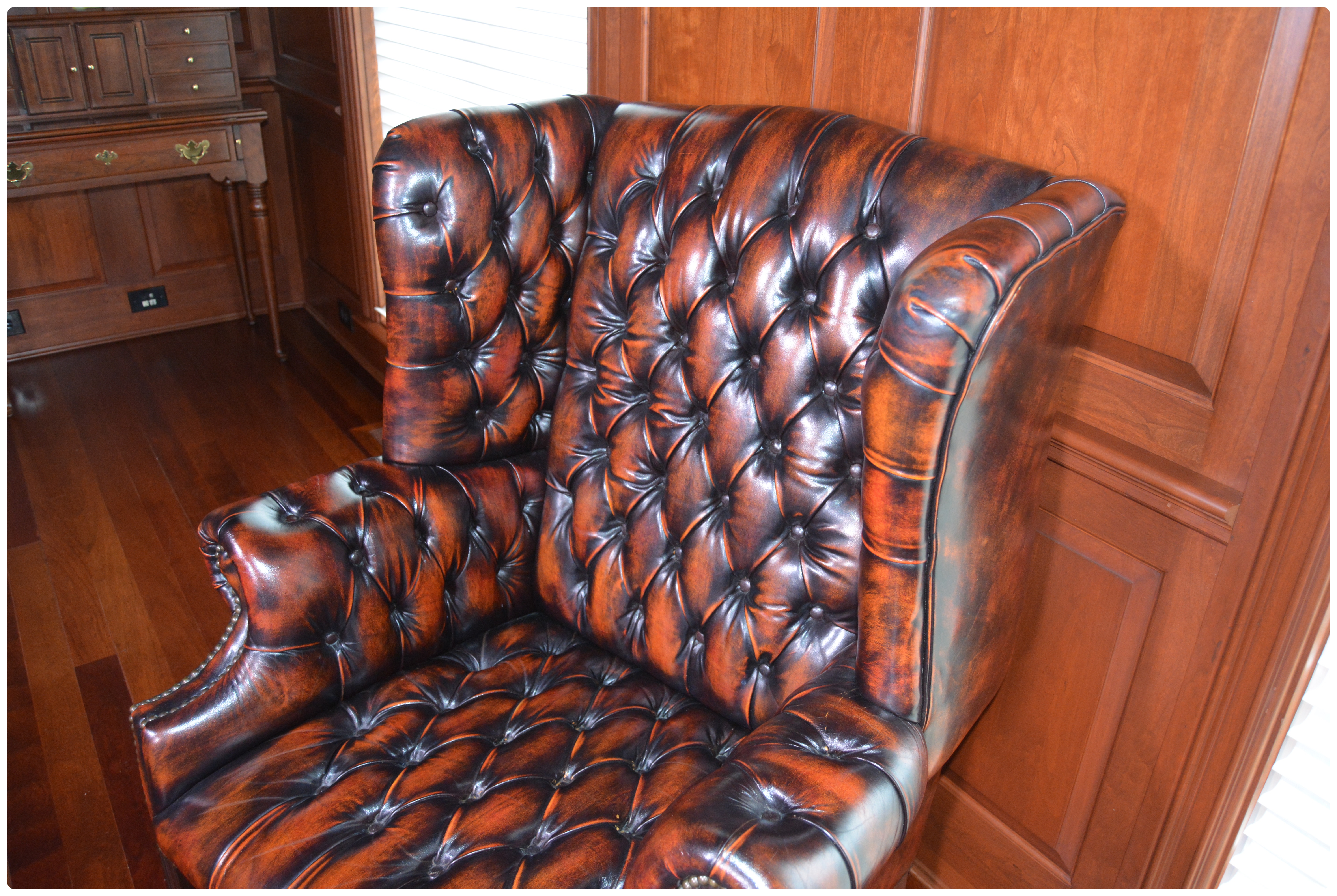 Tufted Wingback Mottled Leather Library Chair and Ottoman, Contemporary