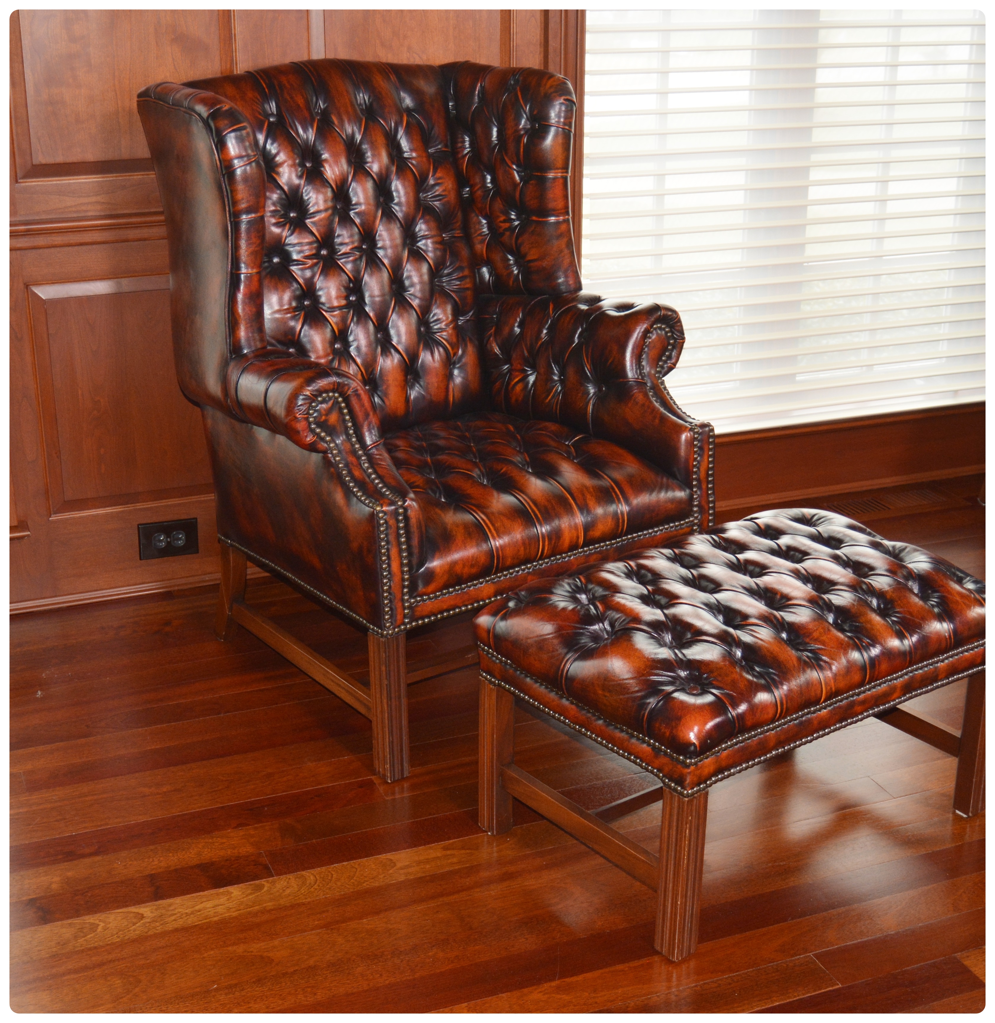 Tufted Wingback Mottled Leather Library Chair and Ottoman, Contemporary