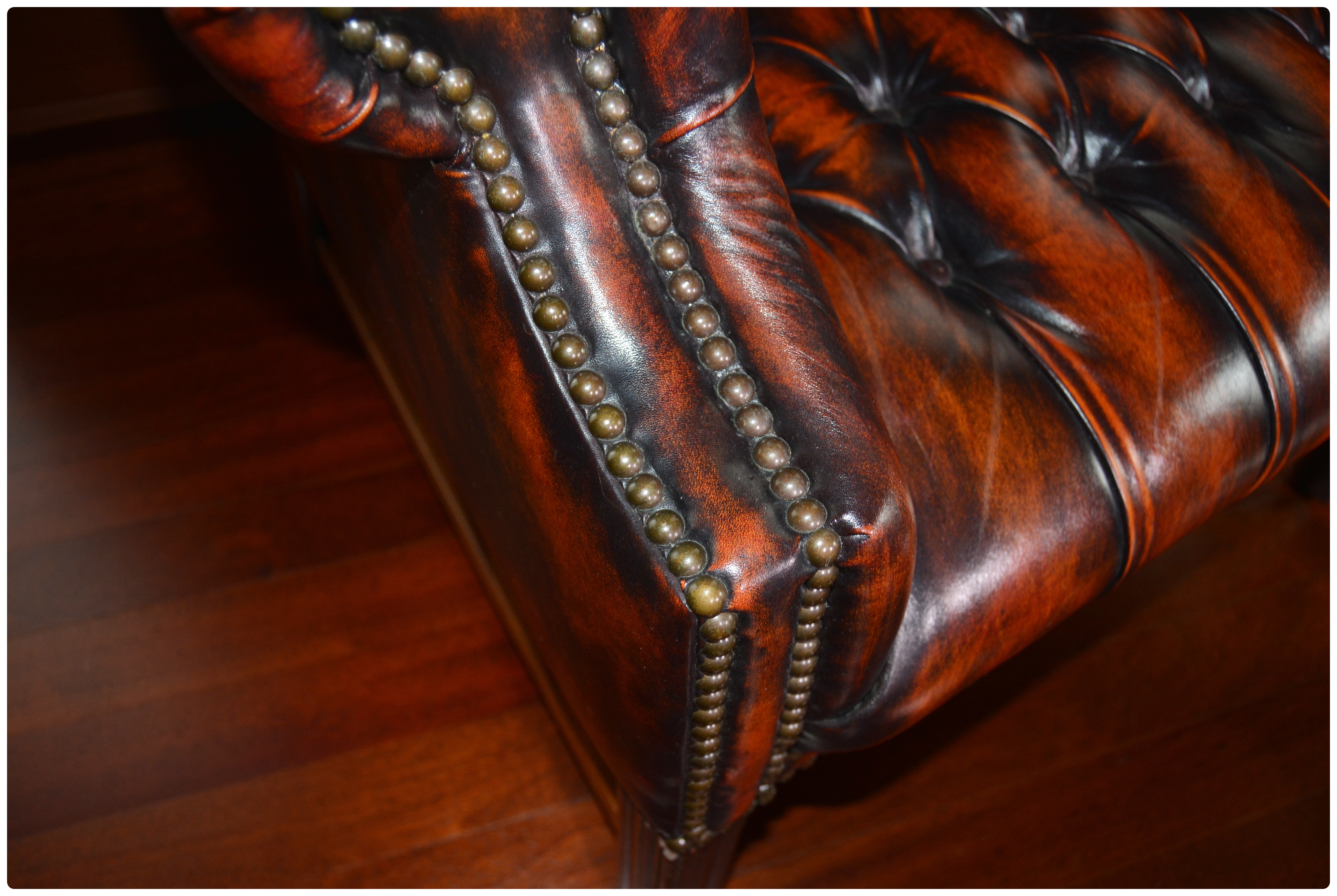 Tufted Wingback Mottled Leather Library Chair and Ottoman, Contemporary