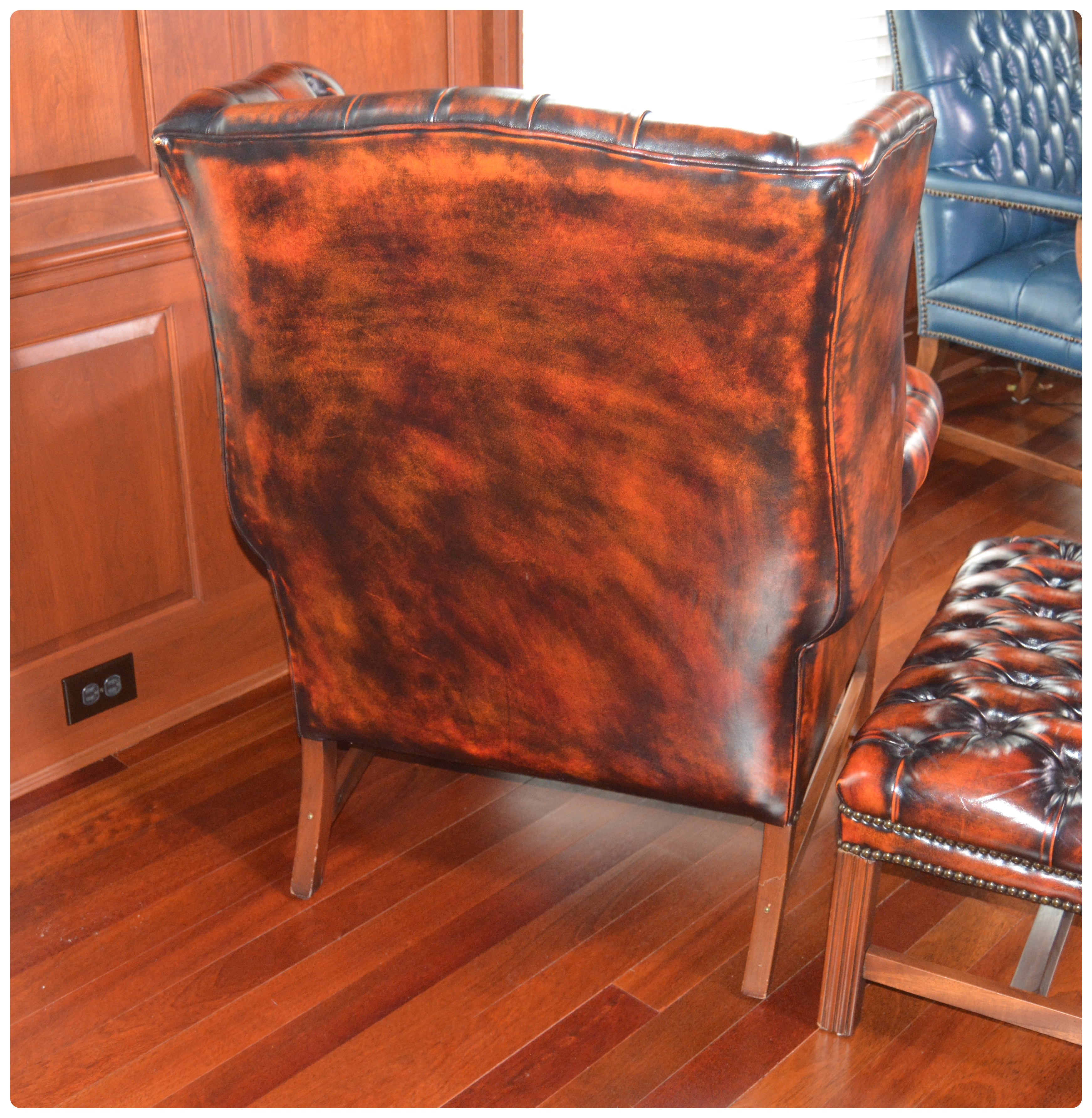 Tufted Wingback Mottled Leather Library Chair and Ottoman, Contemporary