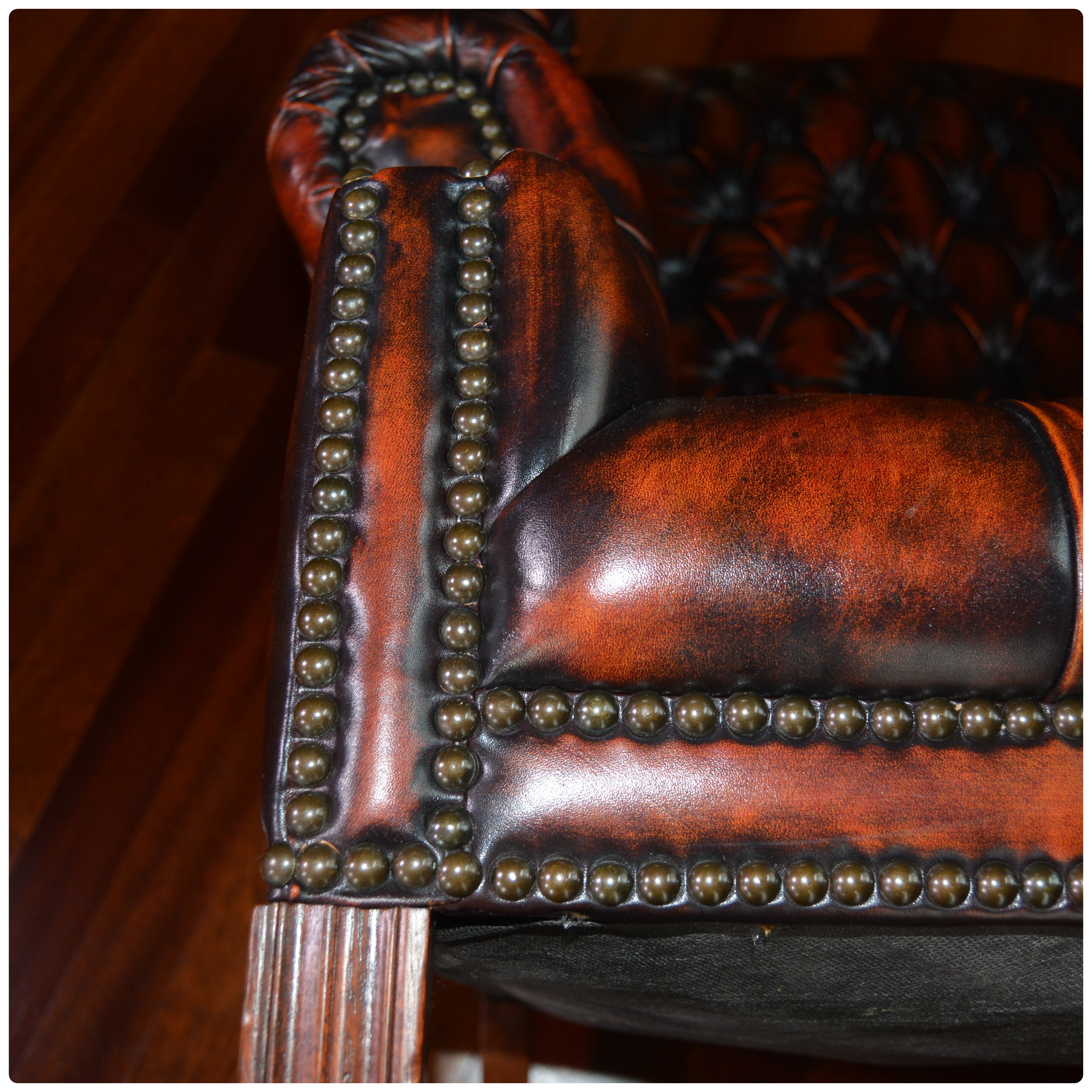 Tufted Wingback Mottled Leather Library Chair and Ottoman, Contemporary