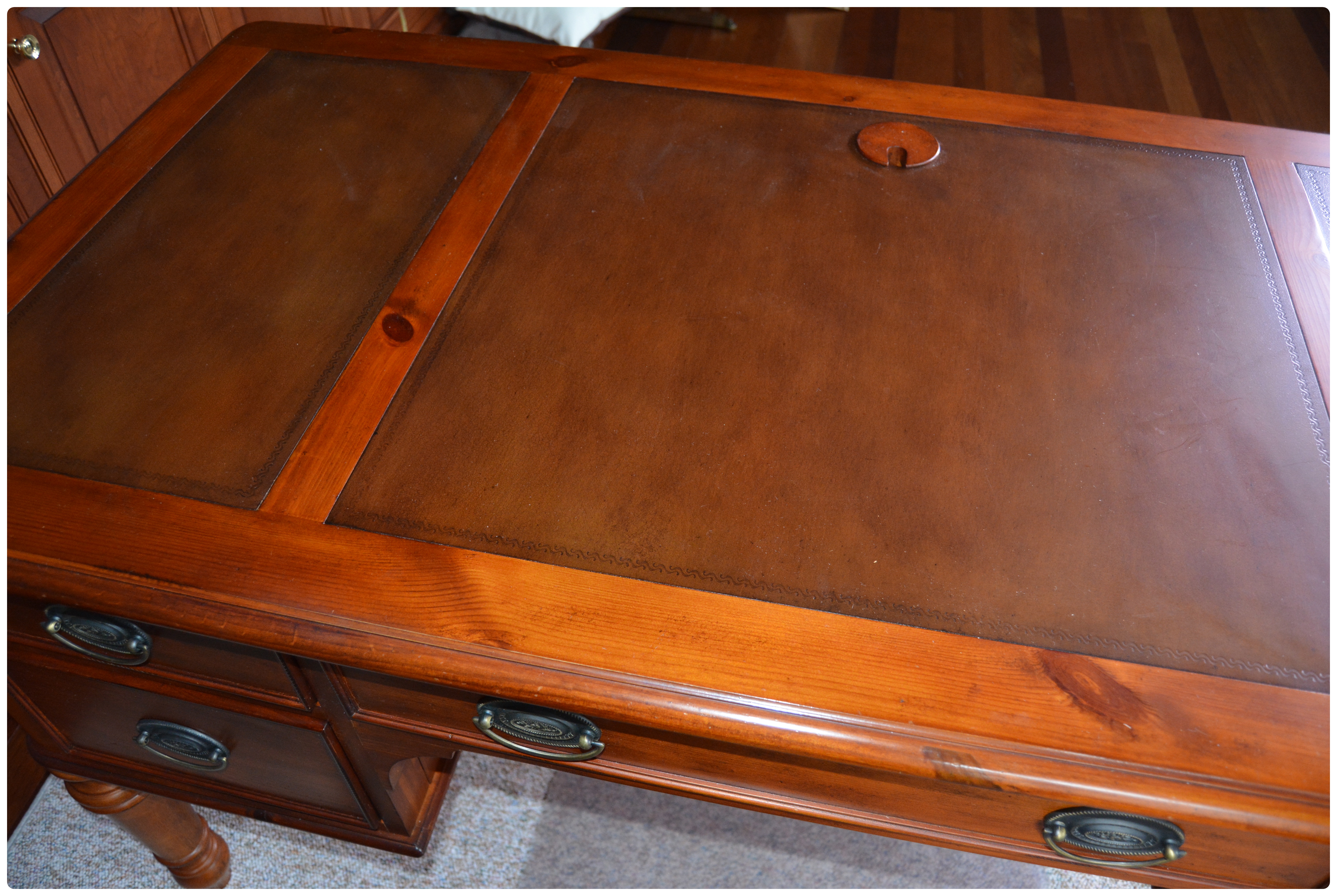 Pine Knee Hole Desk with Leather Inlay, Contemporary