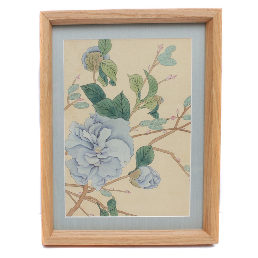 Mid 20th Century Japanese Floral Watercolor Painting