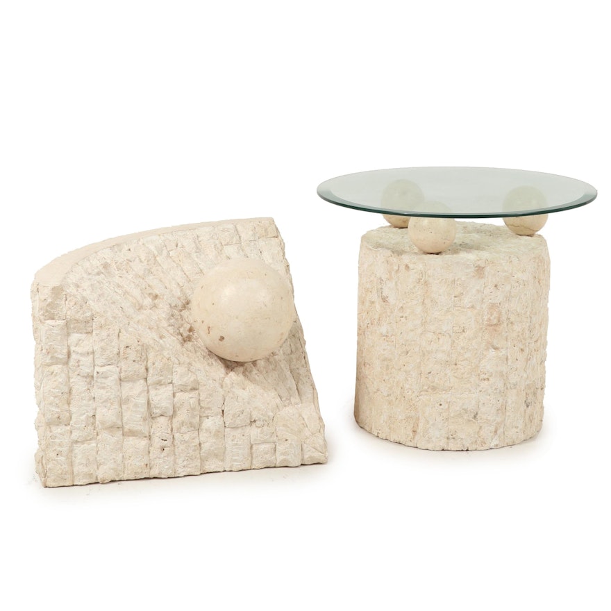 White Stone Side Tables with One Glass Top