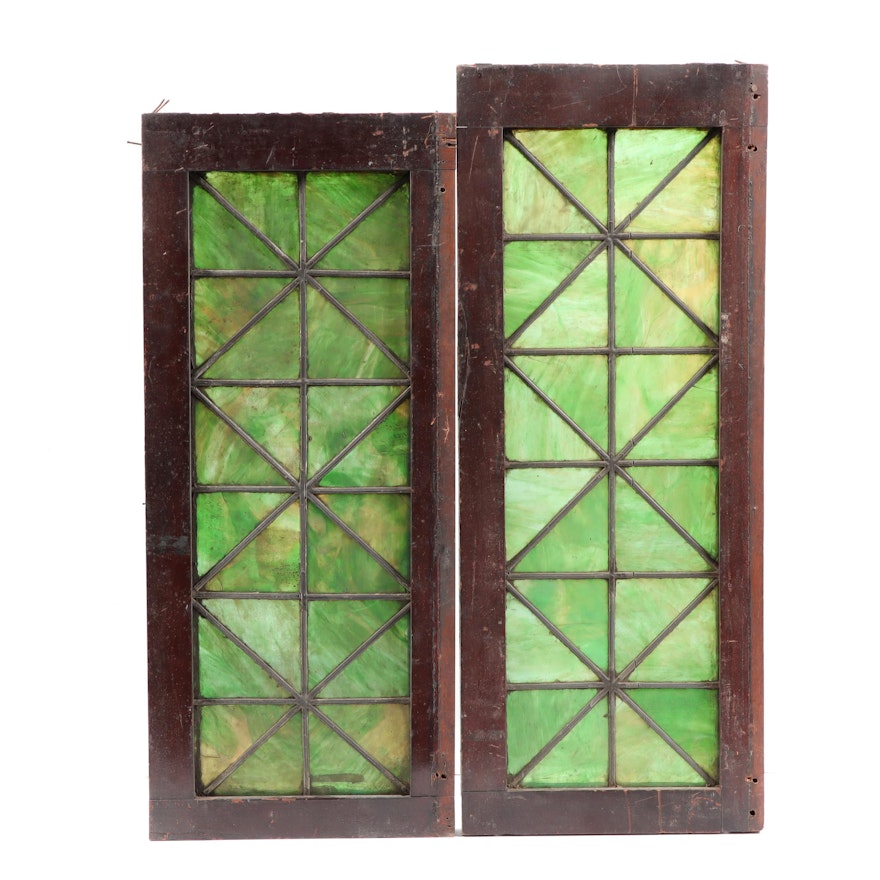 Pair of Green Stained Glass Window Panels