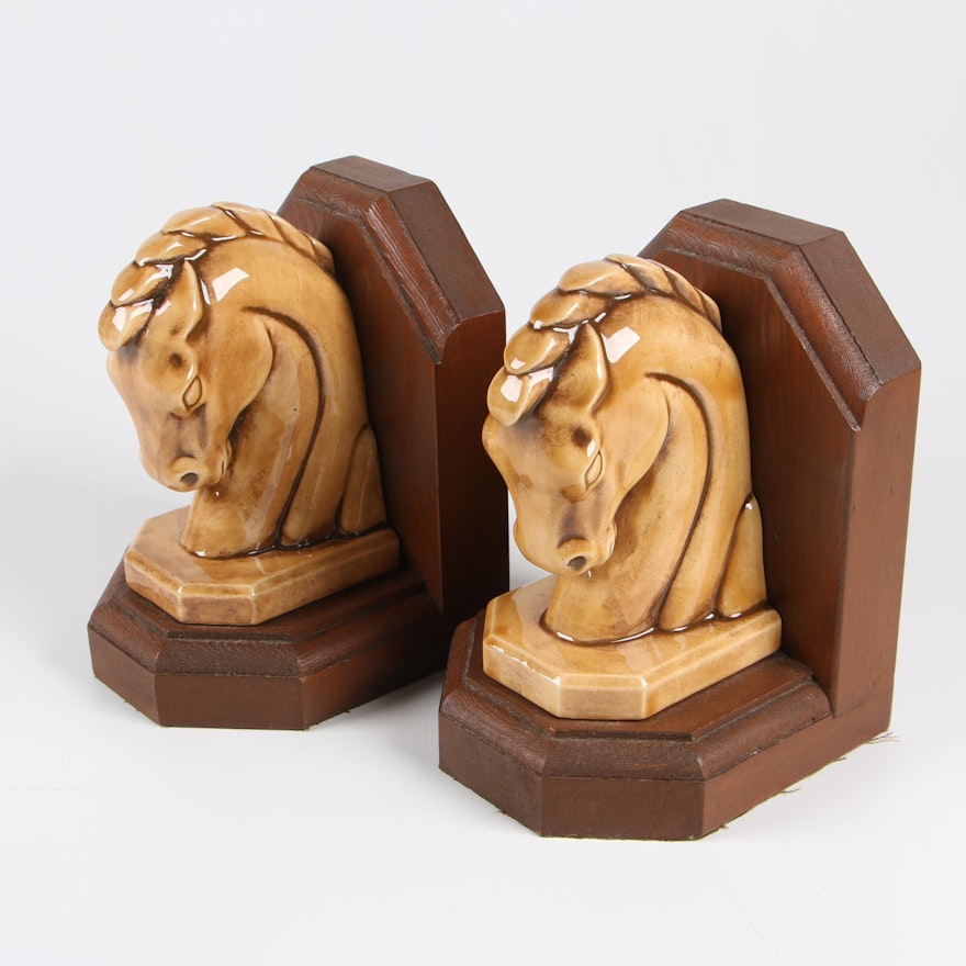 Ceramic an Wood Horse Bust Bookends