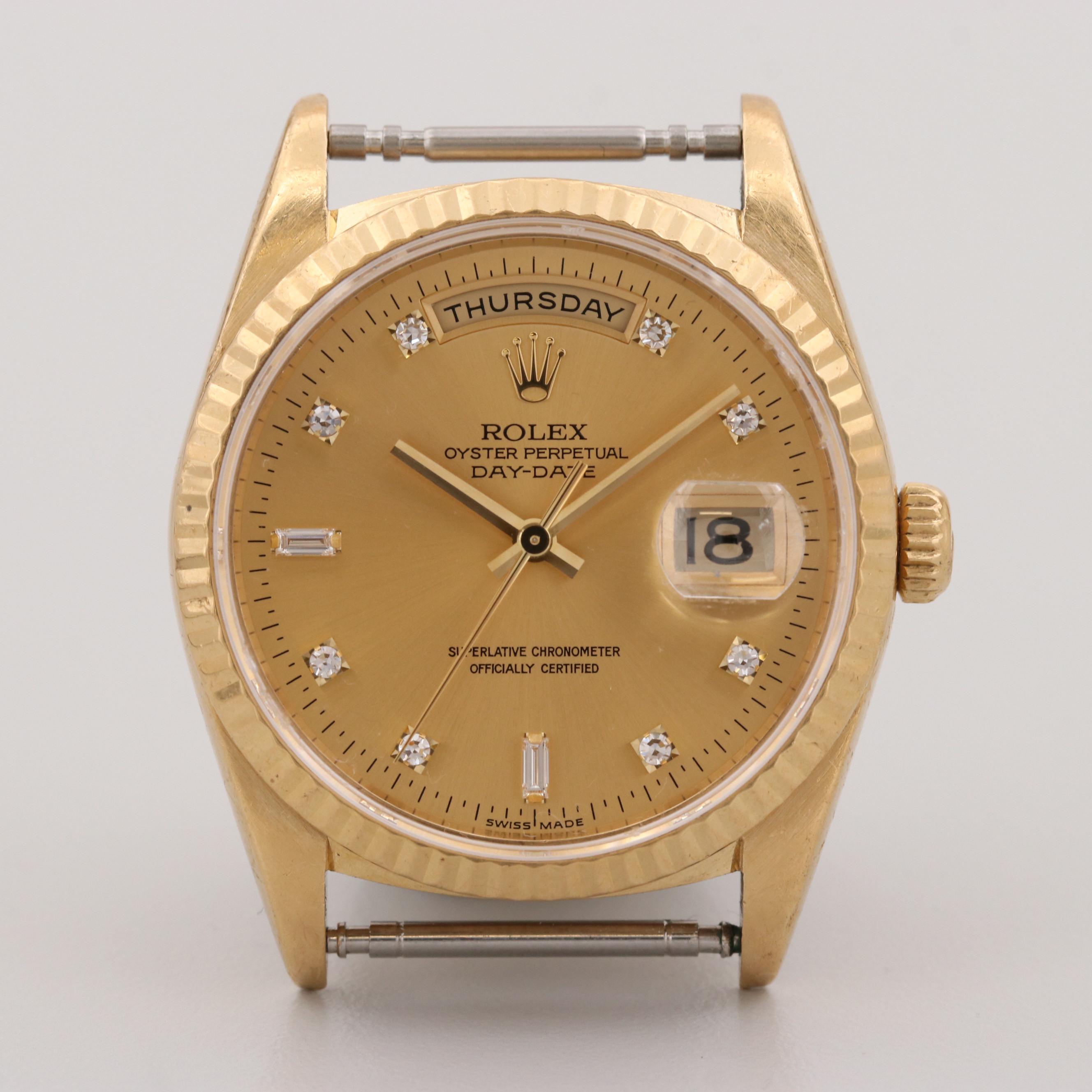 Rolex Day-Date 36 18K Yellow Gold Watch With Diamond Hour Markers, 1994