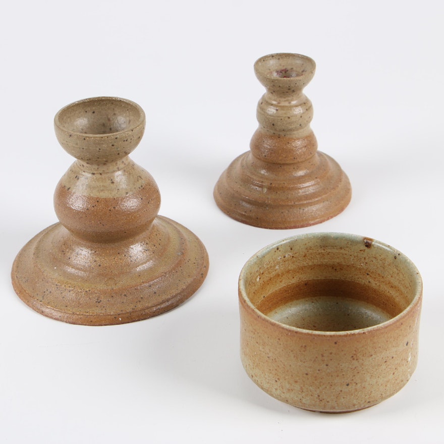 American Art Pottery Candlesticks and Bowl, Late 20th Century