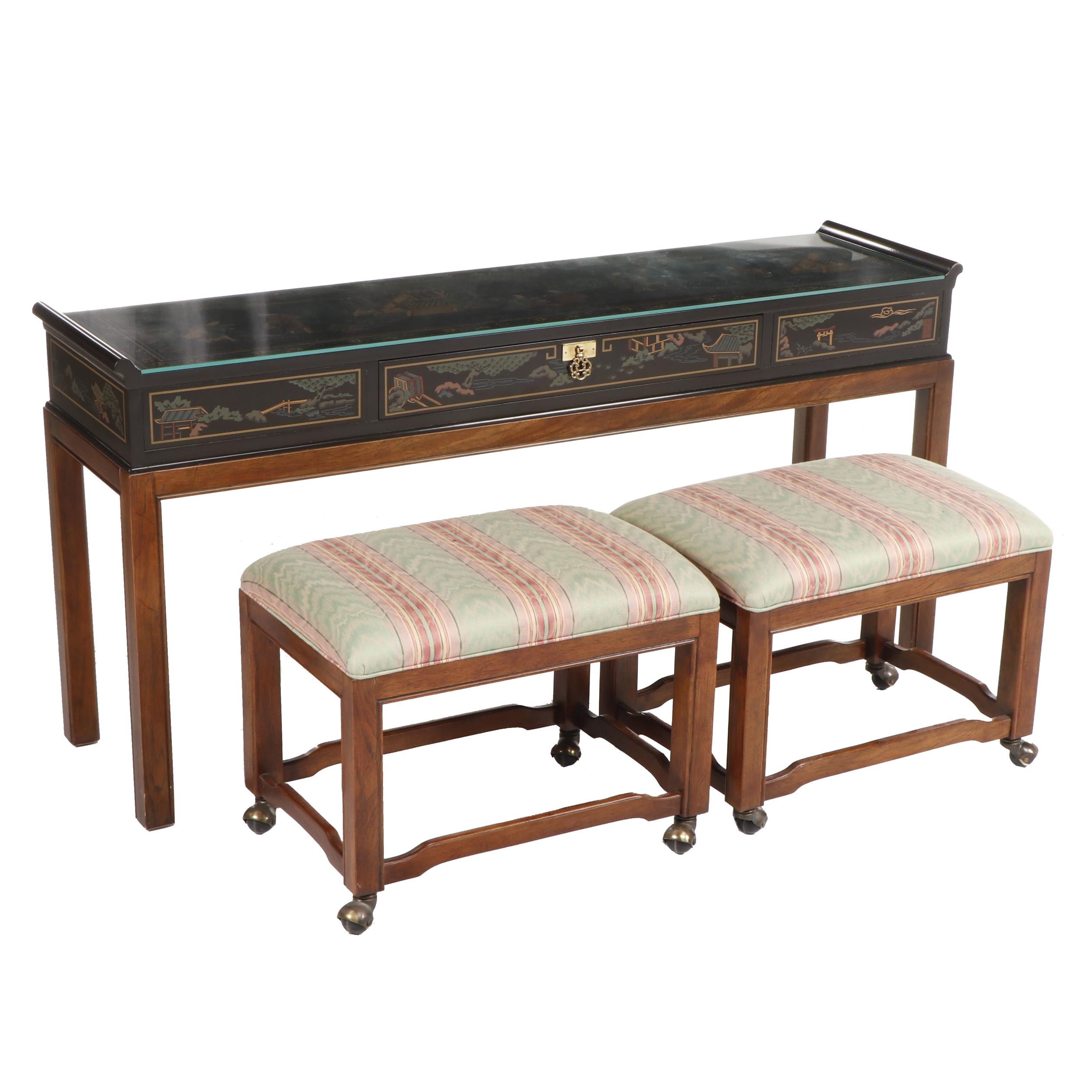 Chinoiserie Drexel Wooden Console Table and Pair of Stools on Casters