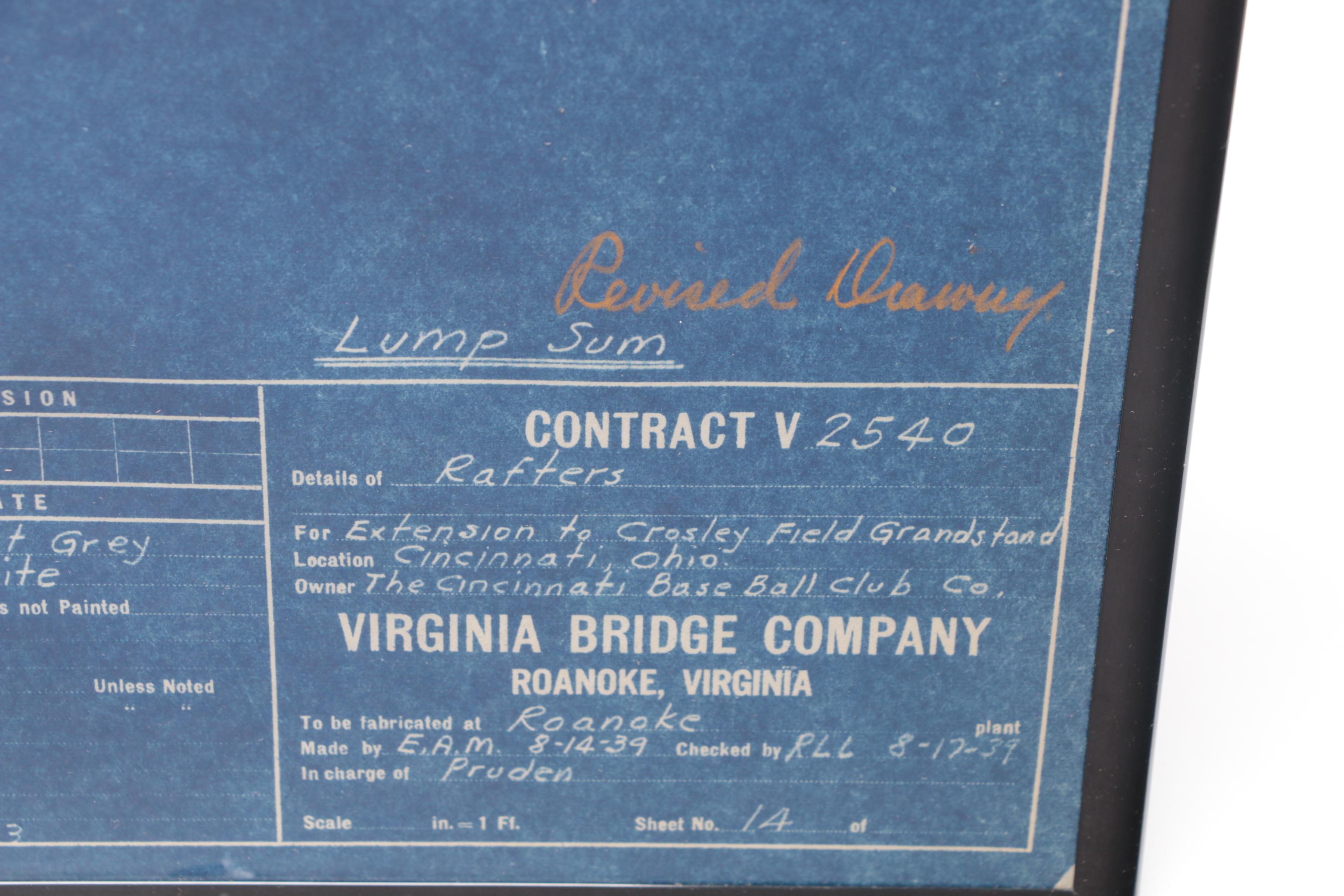 Framed 1939 Crosley Field "Revised Drawing" Grandstand Blueprint