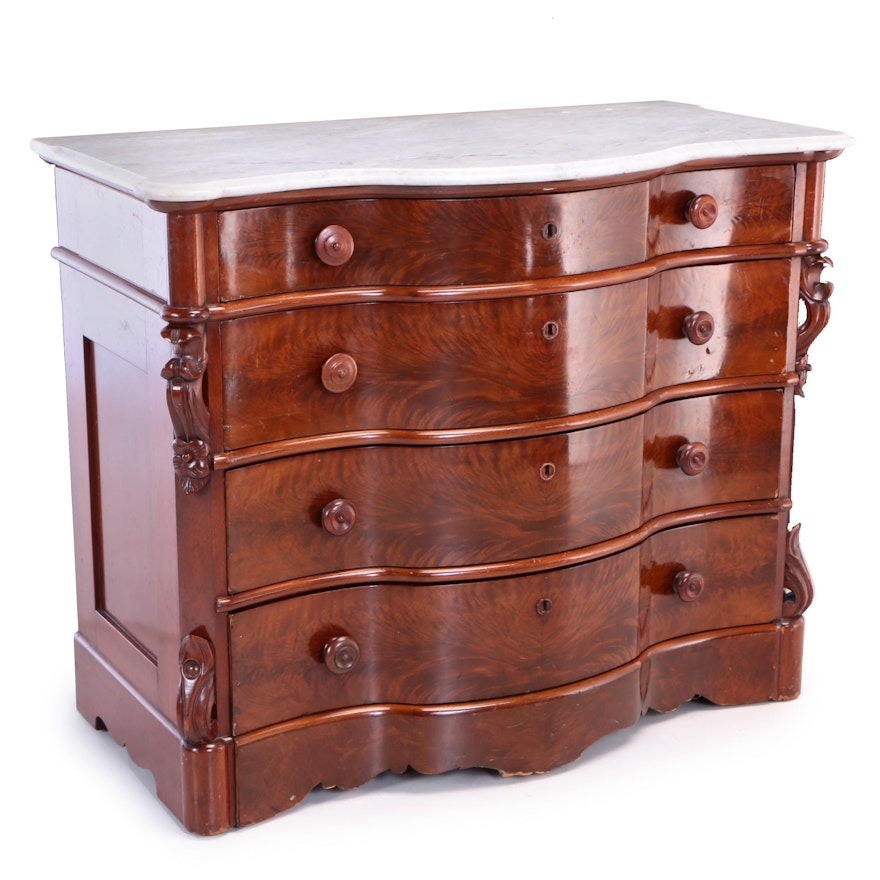 Rococo Revival Mahogany, Walnut, and White Marble Serpentine Chest of Drawers