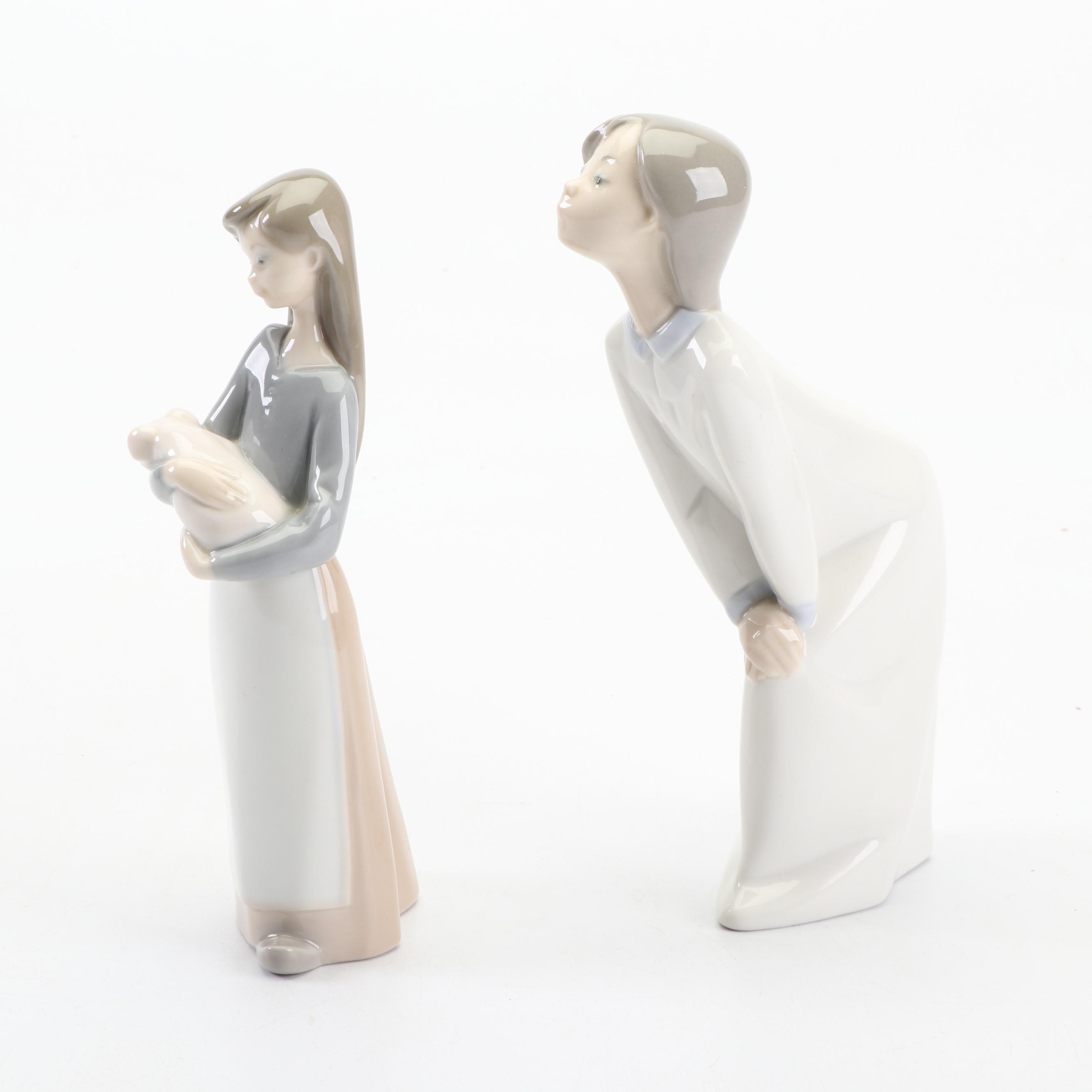 Lladró Girl Holding Piglet and Kissing Girl Figurines , 1970s