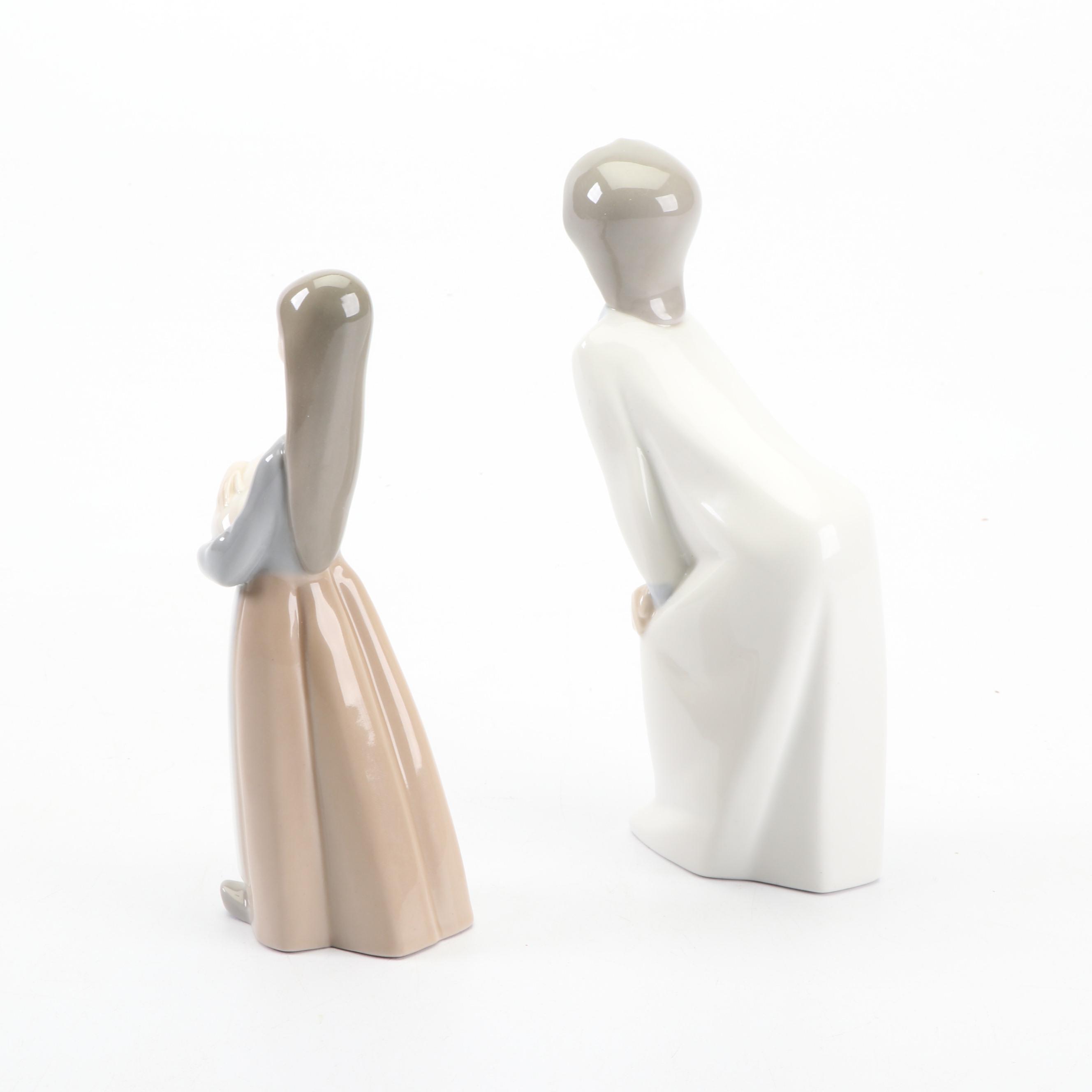 Lladró Girl Holding Piglet and Kissing Girl Figurines , 1970s