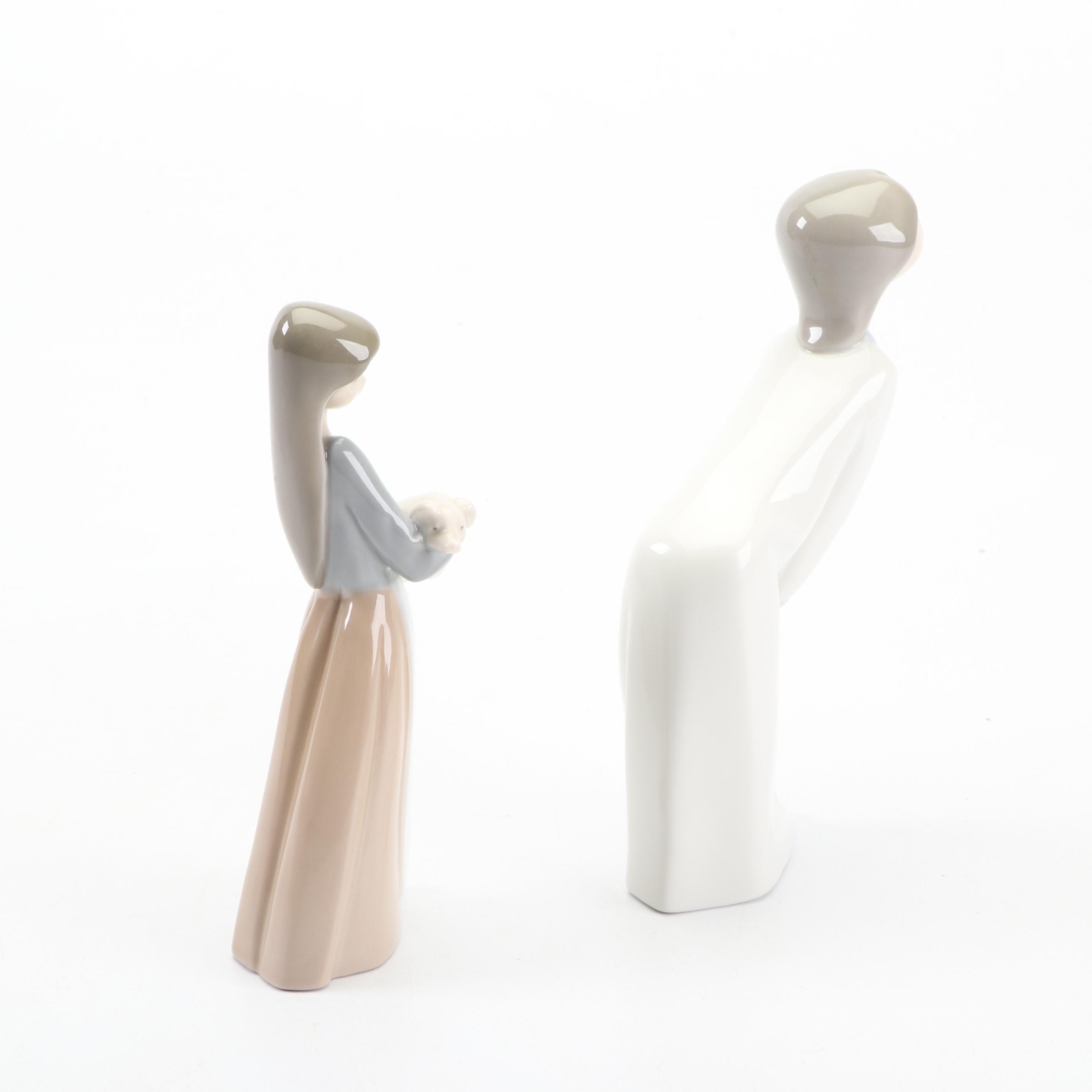 Lladró Girl Holding Piglet and Kissing Girl Figurines , 1970s