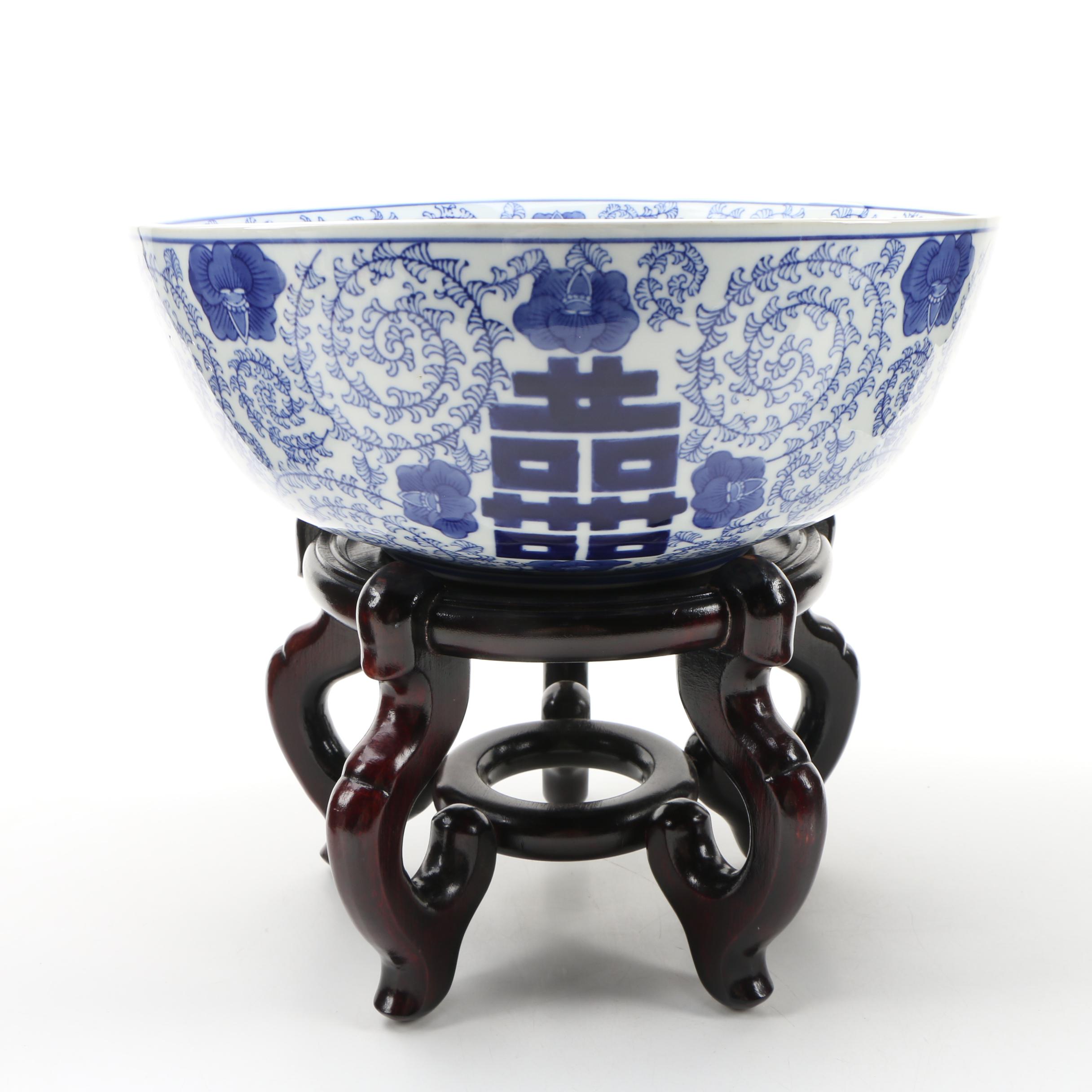 Chinese Blue and White Ceramic Double Happiness Bowl with Stand