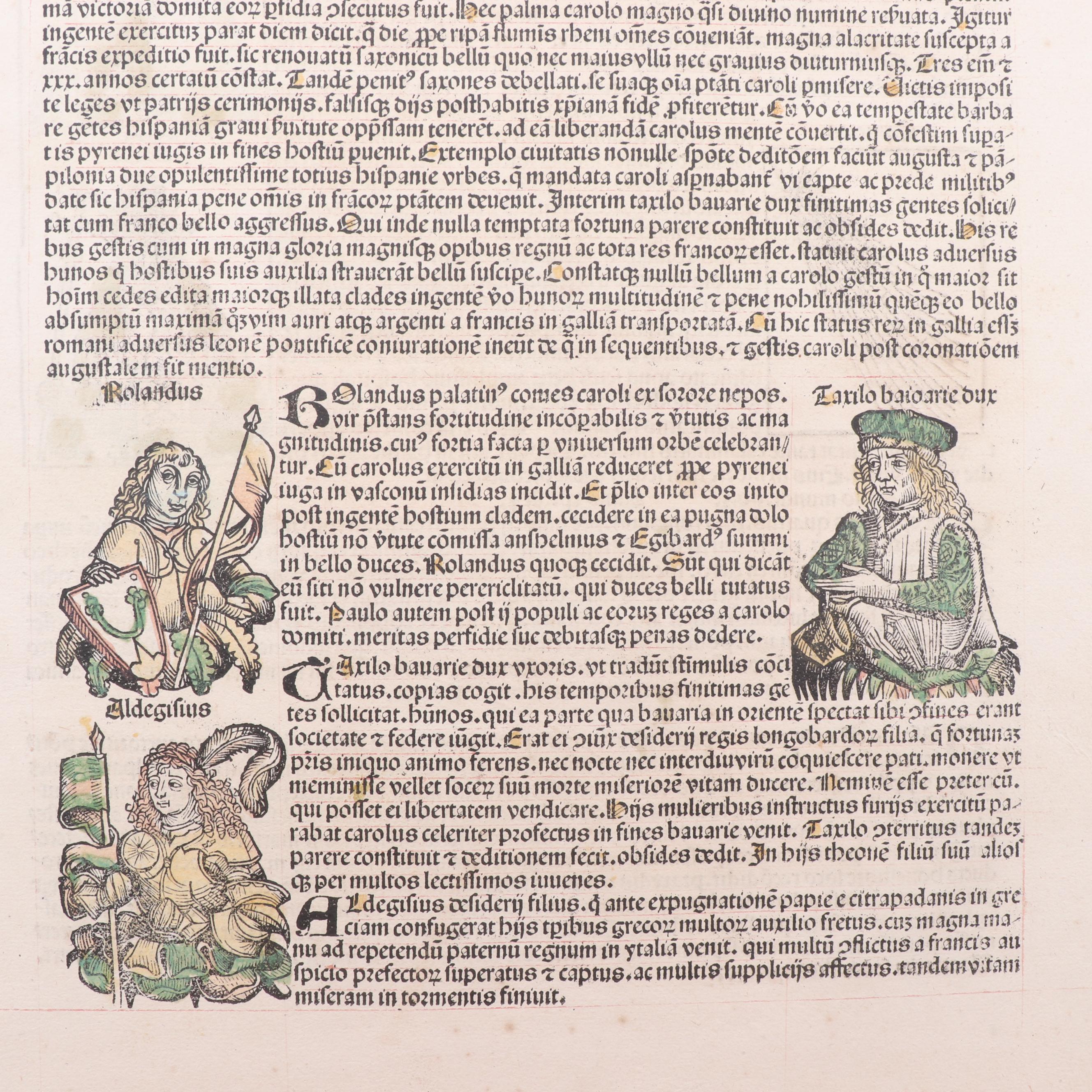 Leaf from circa 1493 "Nuremberg Chronicle" with Hand-Colored Woodcuts