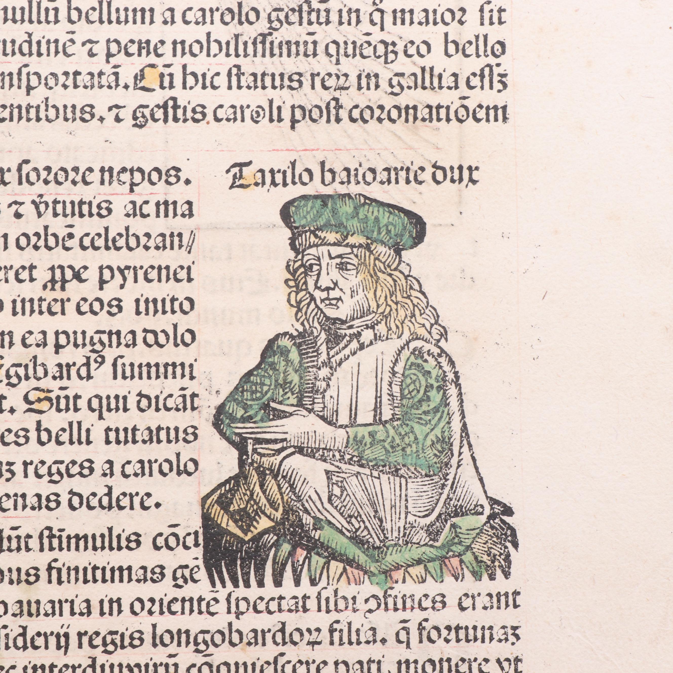 Leaf from circa 1493 "Nuremberg Chronicle" with Hand-Colored Woodcuts