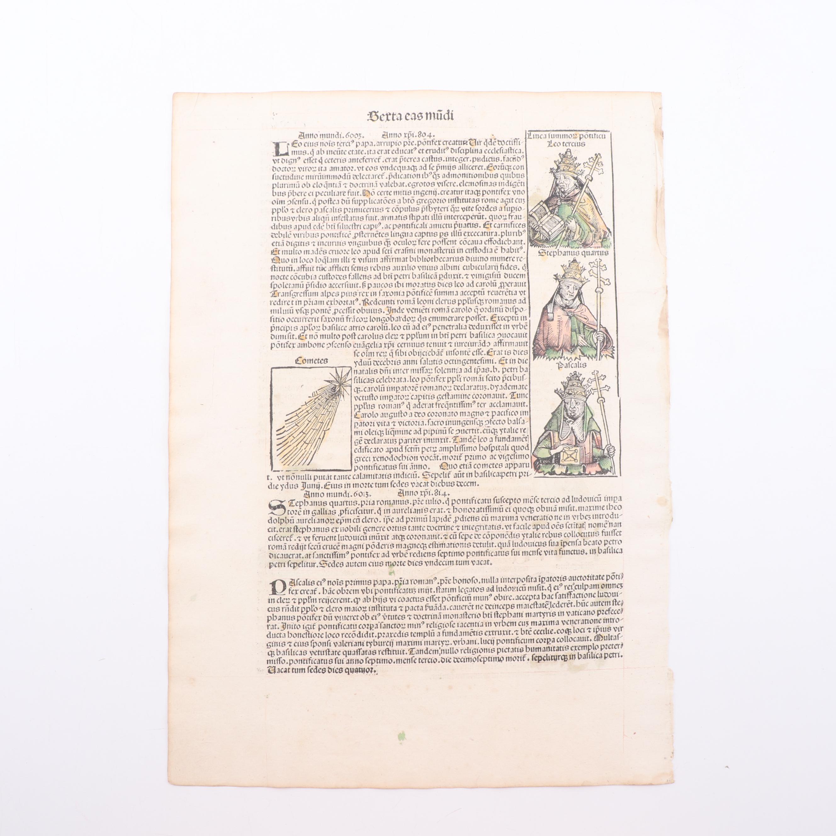 Leaf from circa 1493 "Nuremberg Chronicle" with Hand-Colored Woodcuts