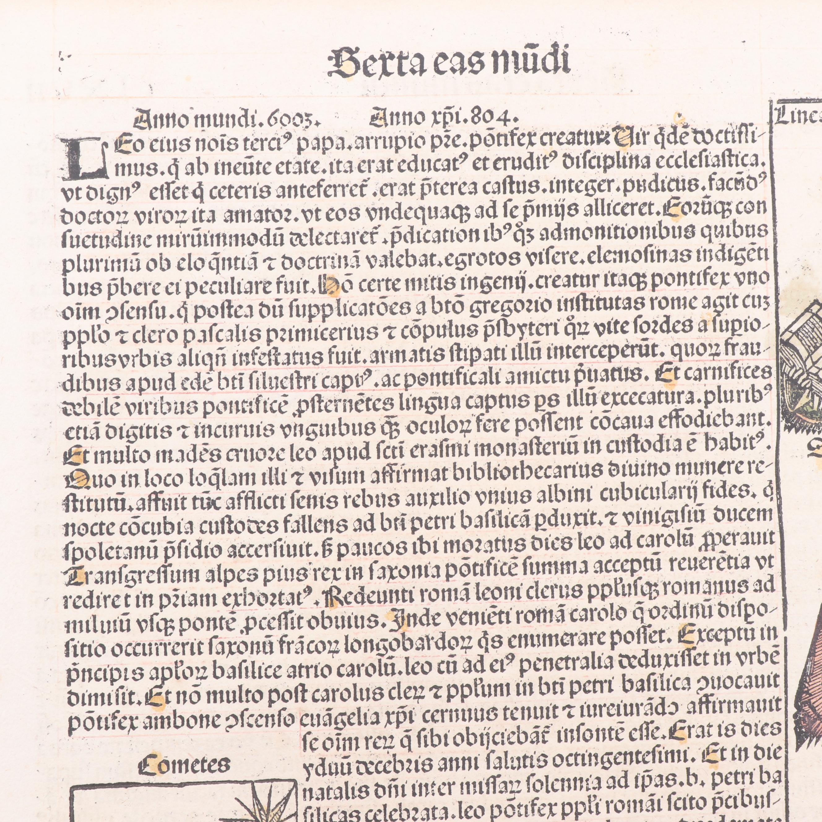 Leaf from circa 1493 "Nuremberg Chronicle" with Hand-Colored Woodcuts