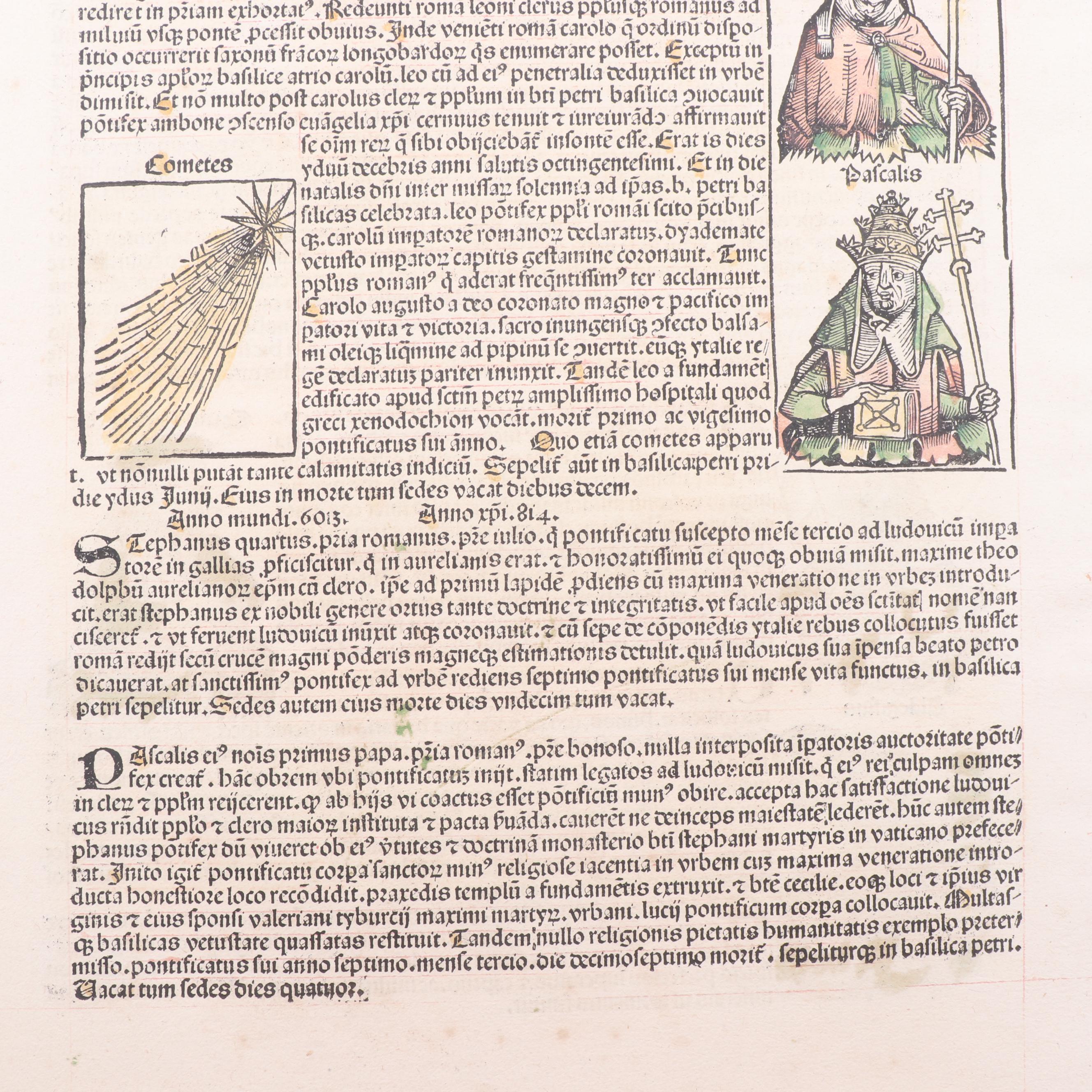 Leaf from circa 1493 "Nuremberg Chronicle" with Hand-Colored Woodcuts