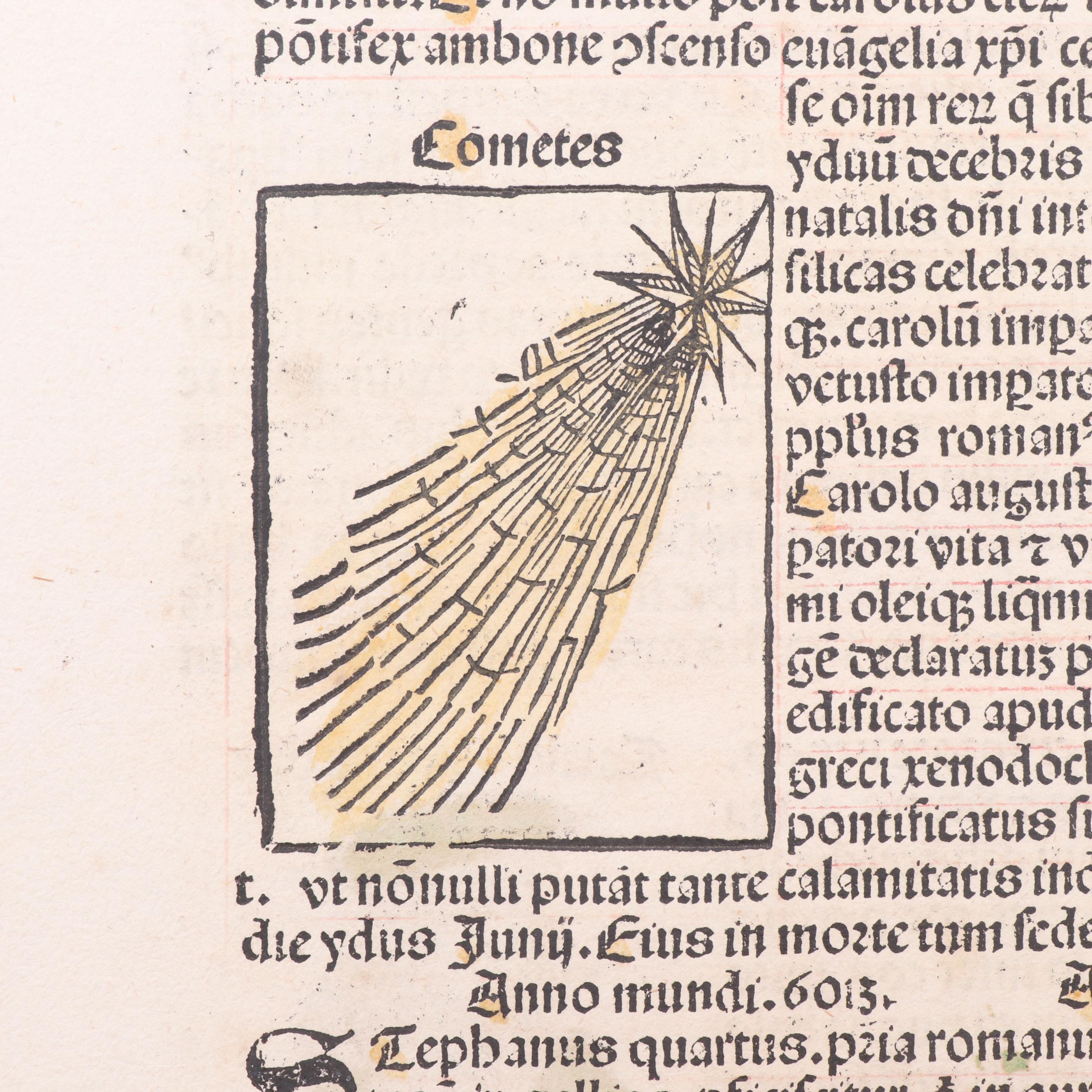 Leaf from circa 1493 "Nuremberg Chronicle" with Hand-Colored Woodcuts