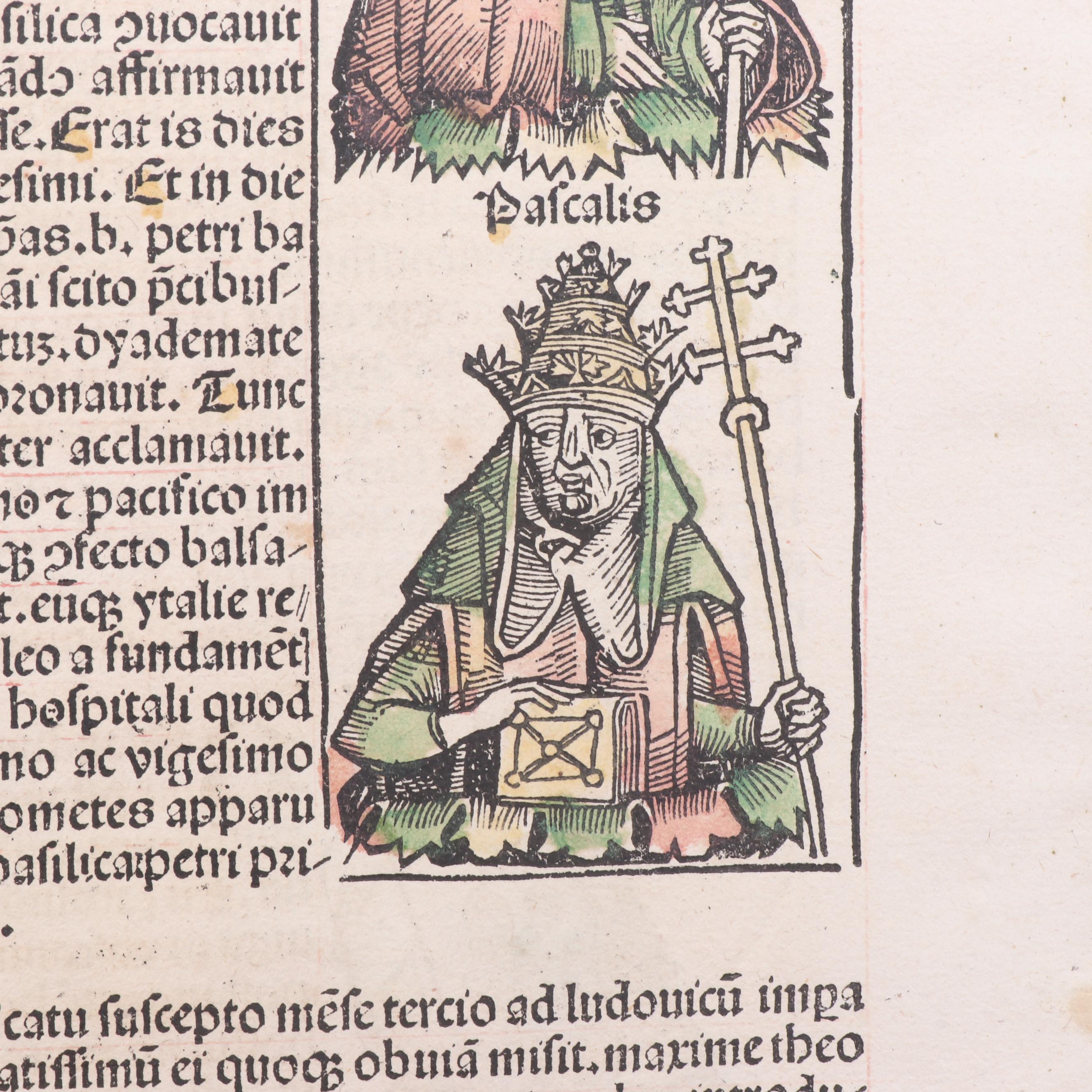 Leaf from circa 1493 "Nuremberg Chronicle" with Hand-Colored Woodcuts