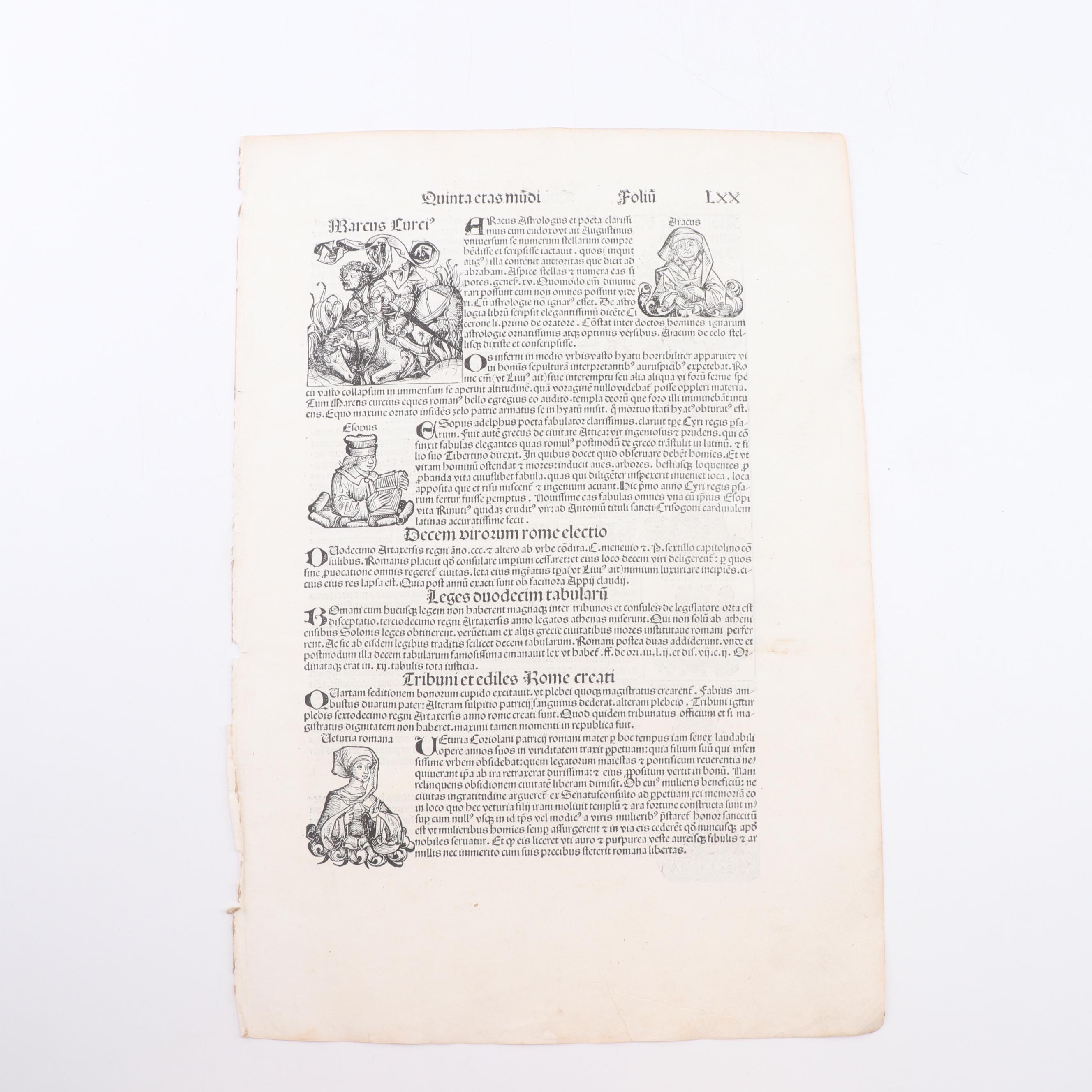 Leaves from circa 1493 "Nuremberg Chronicle" with Woodcuts