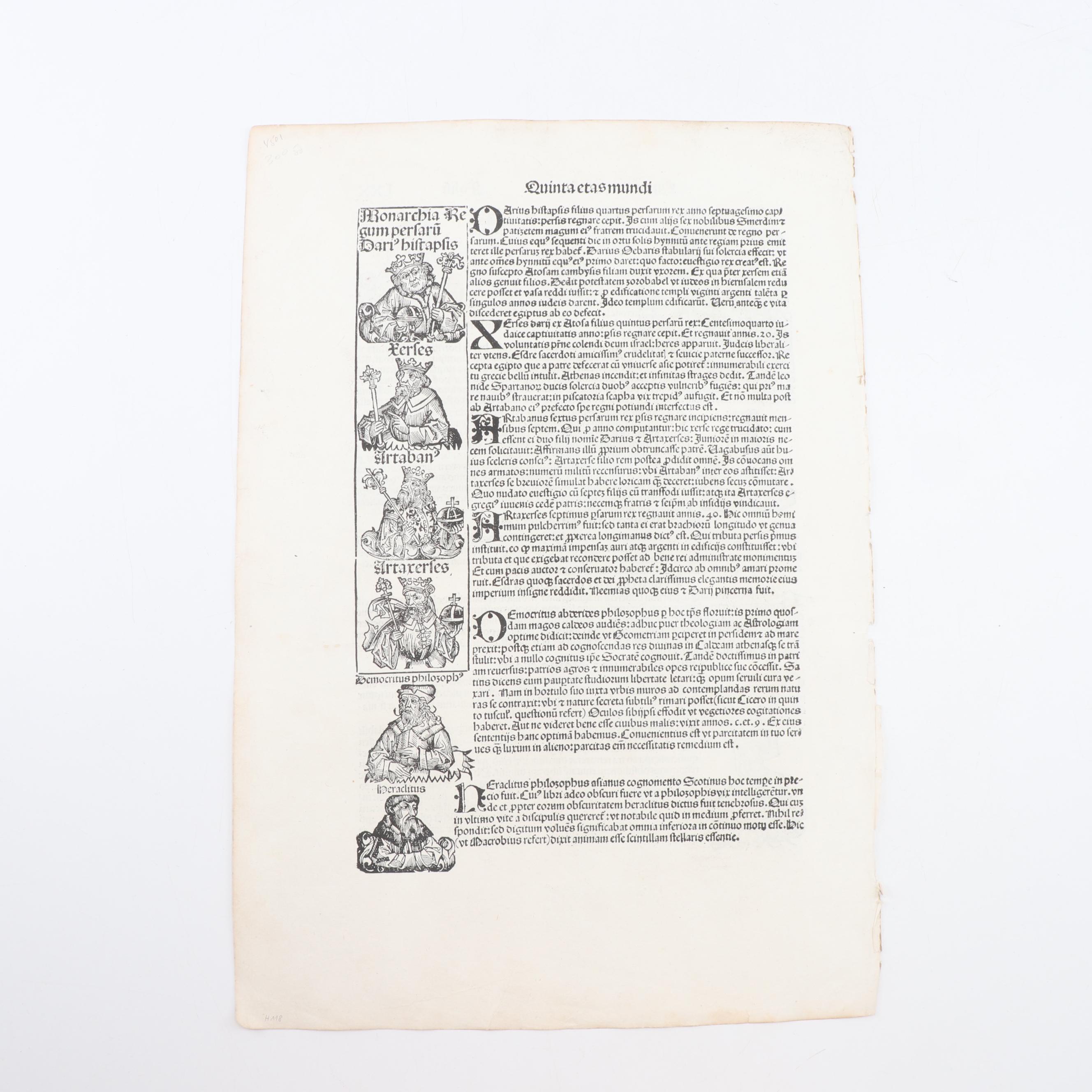 Leaves from circa 1493 "Nuremberg Chronicle" with Woodcuts