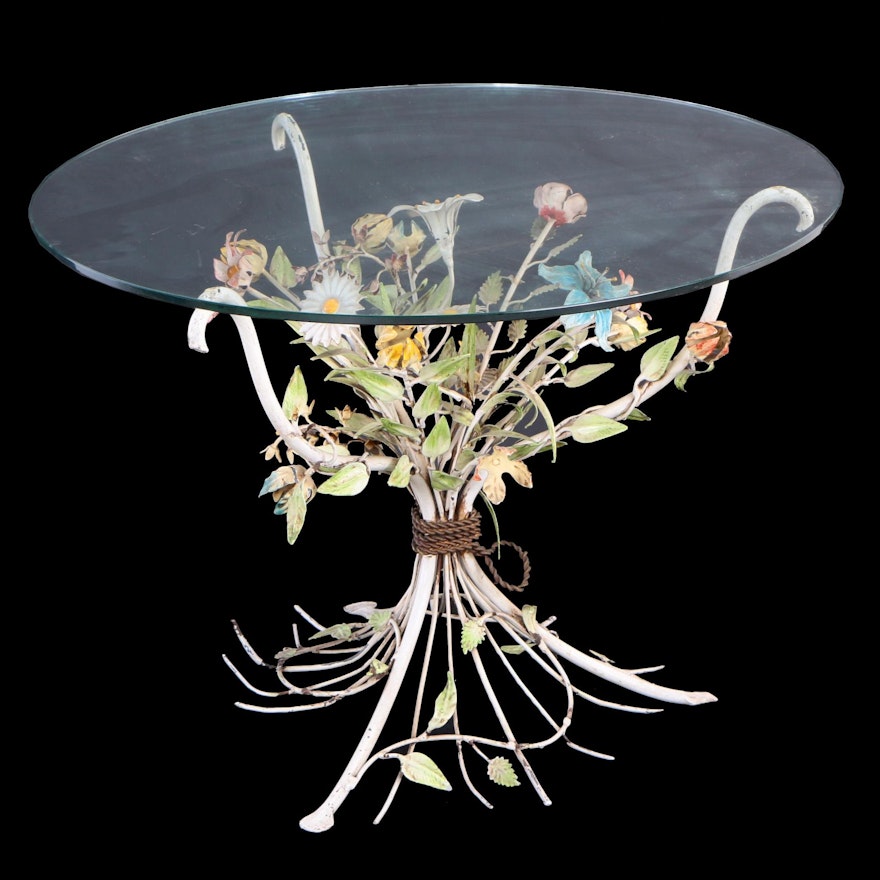 Tole Peinte and Glass-Top Floral Side Table, Probably Italian, 20th Century