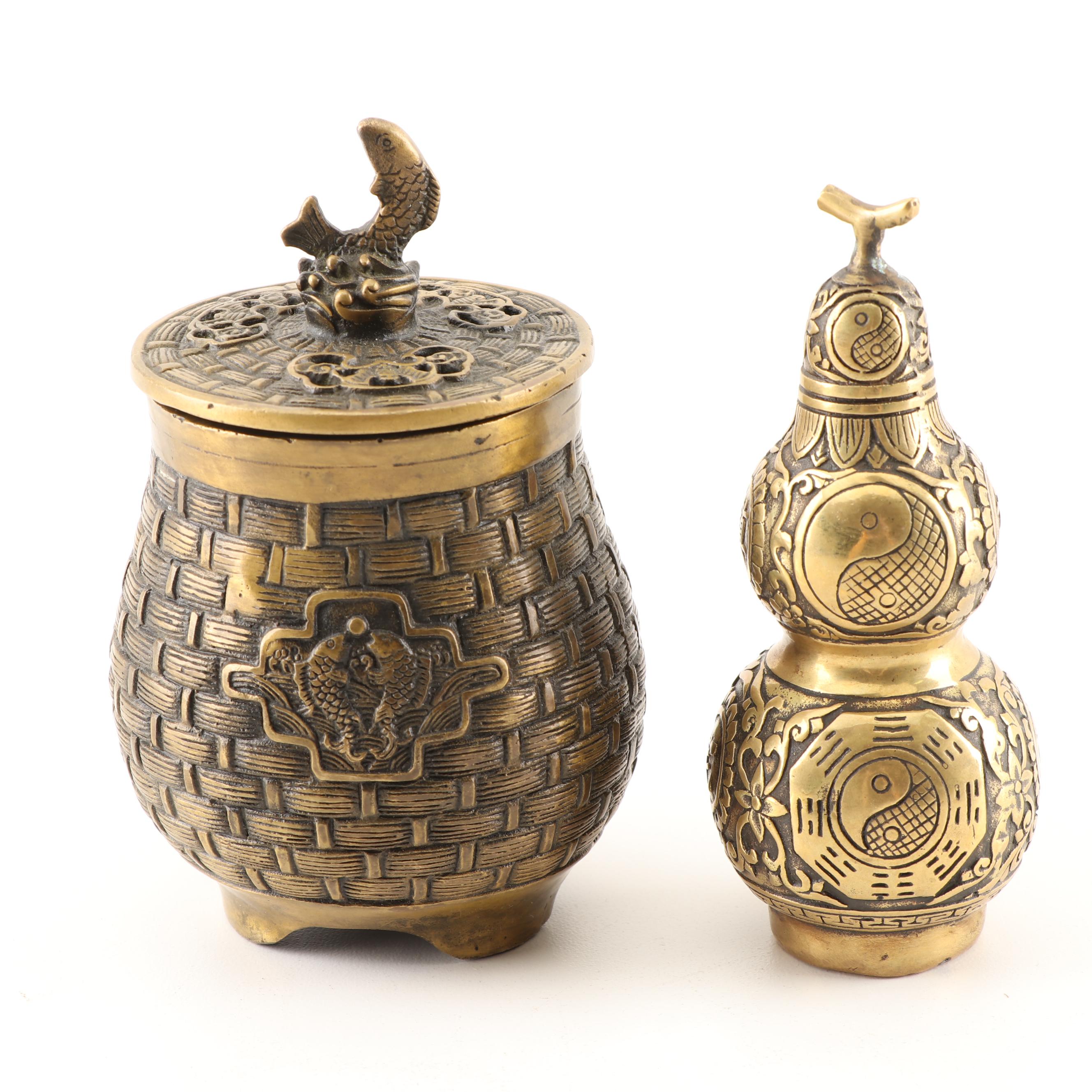 Chinese Brass Ink Pot and Seal Stamp