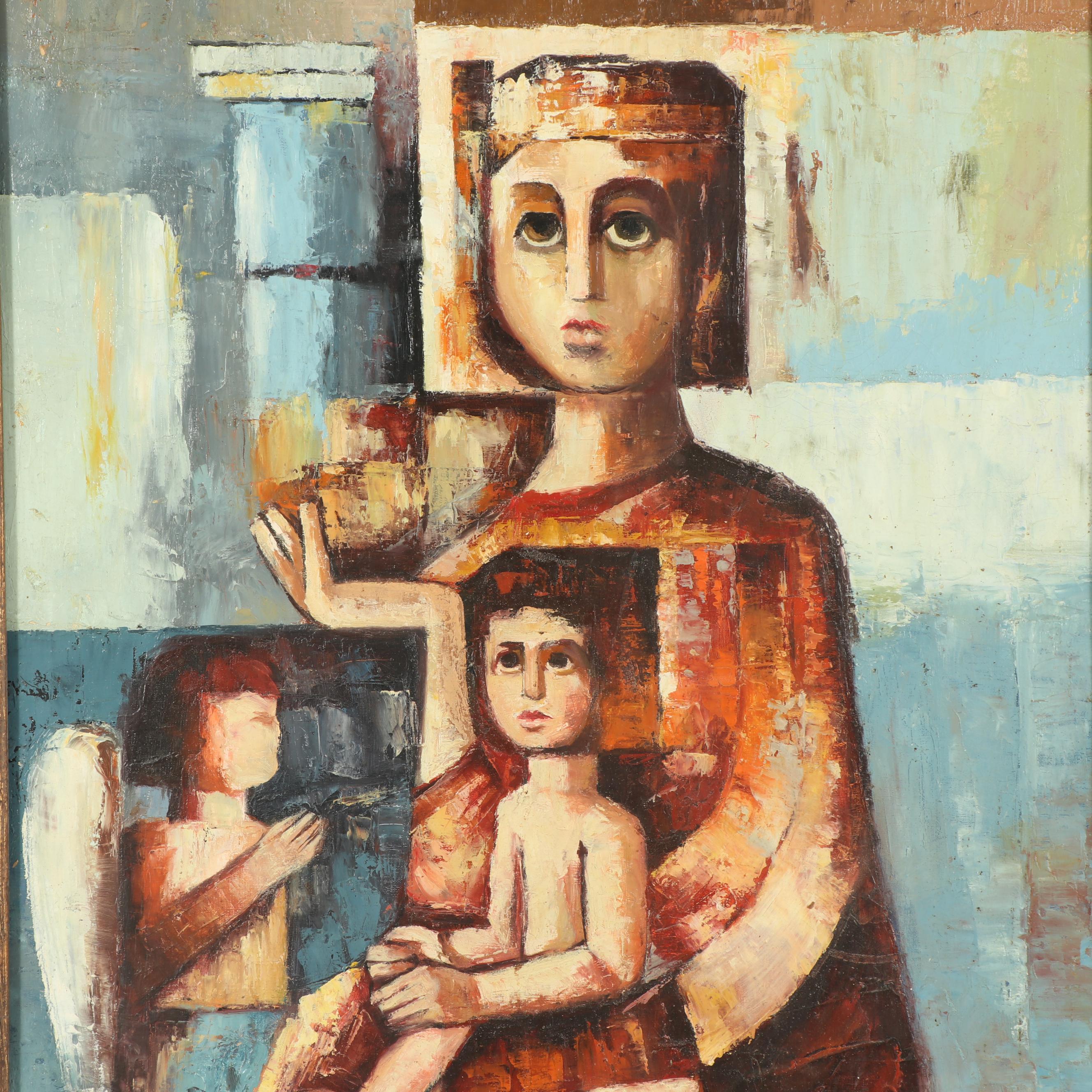 Francisco Pujol Cubist Style Oil Painting of Madonna & Child