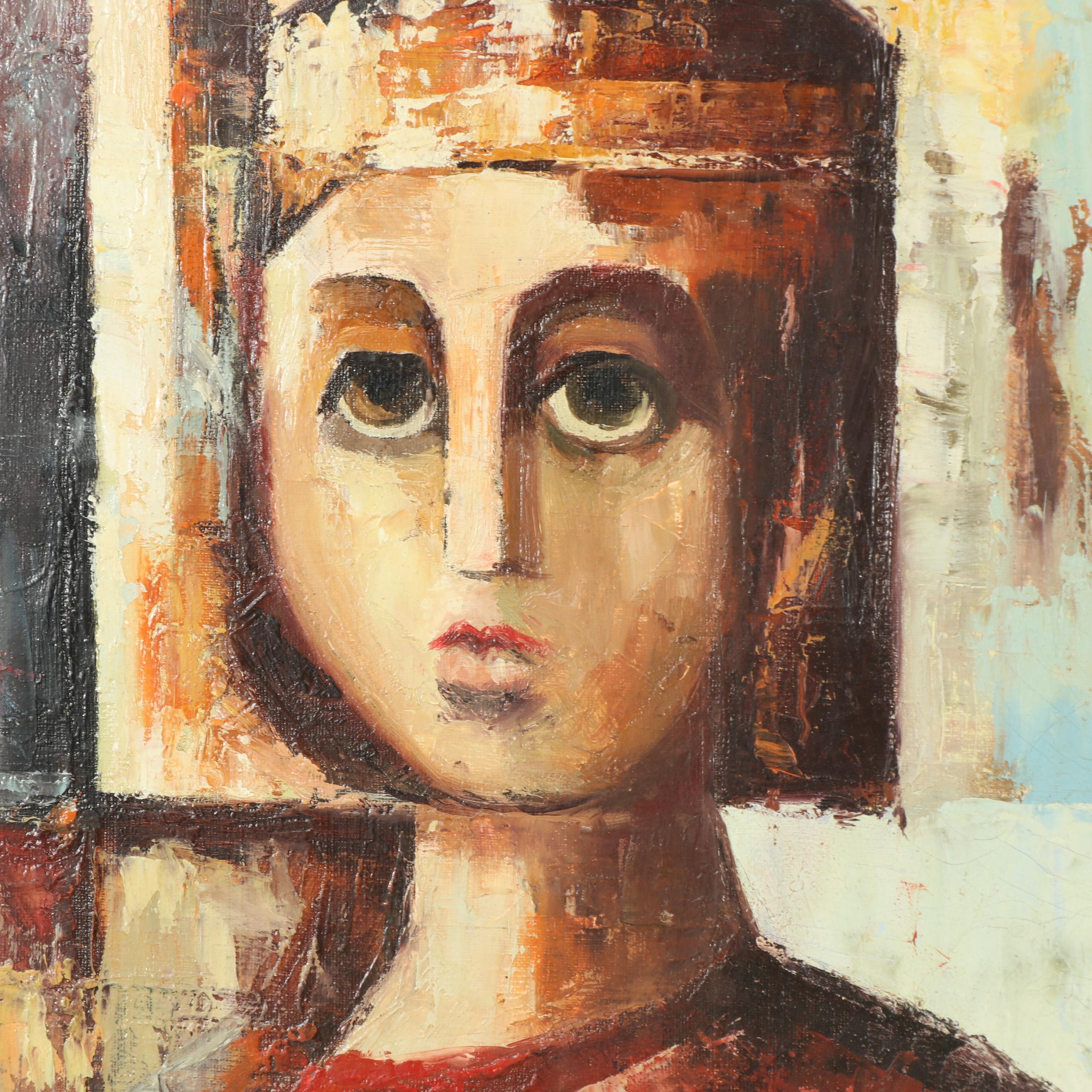 Francisco Pujol Cubist Style Oil Painting of Madonna & Child