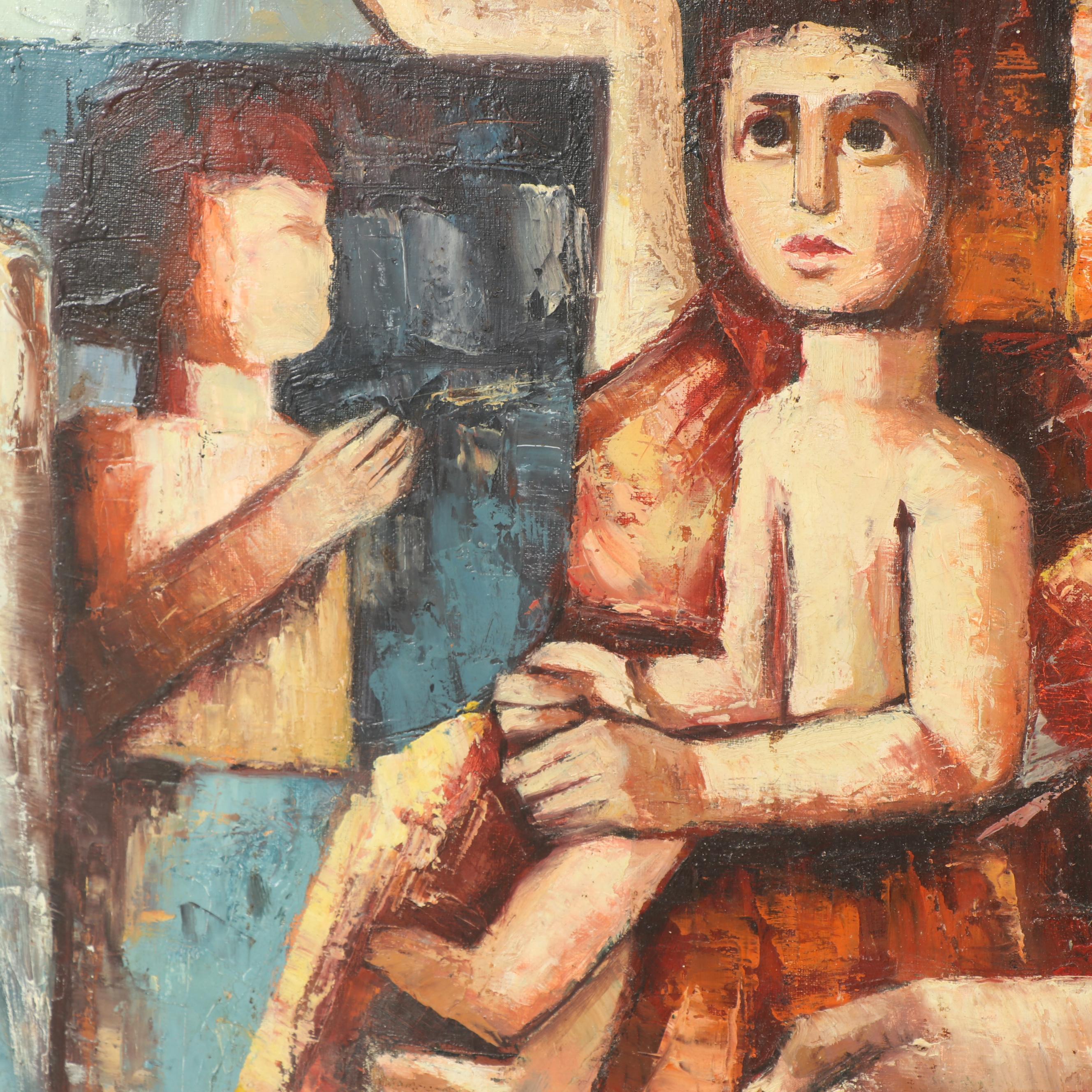 Francisco Pujol Cubist Style Oil Painting of Madonna & Child