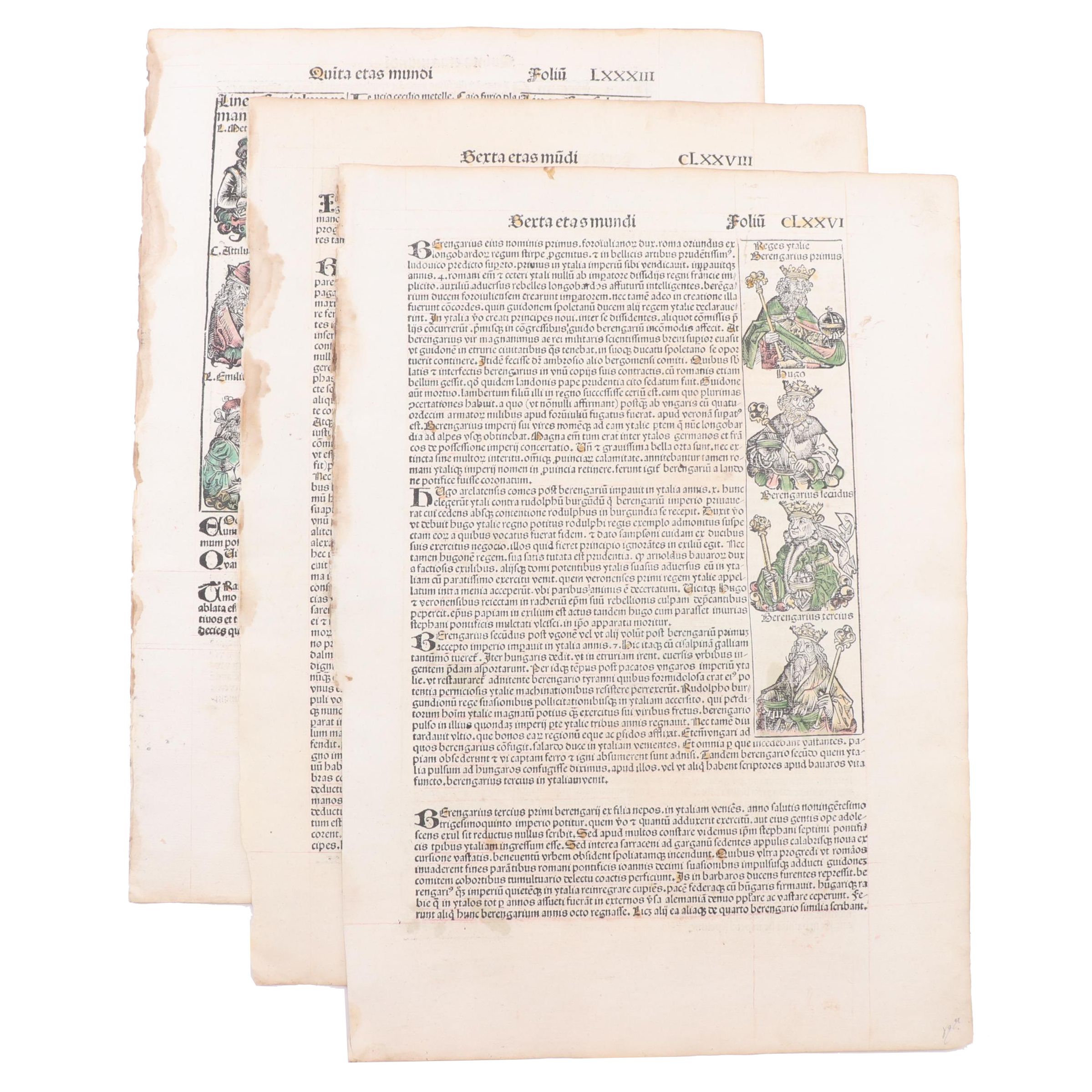 Bifolium from circa 1493 "Nuremberg Chronicle" with Hand Colored Woodcuts