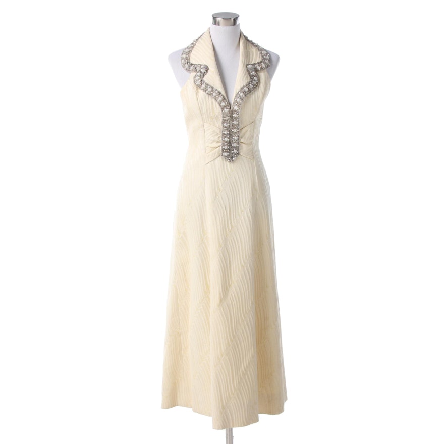 Silk Cloqué Brocade Cream Tone Halter Gown with Beaded Neckline, 1970s Vintage