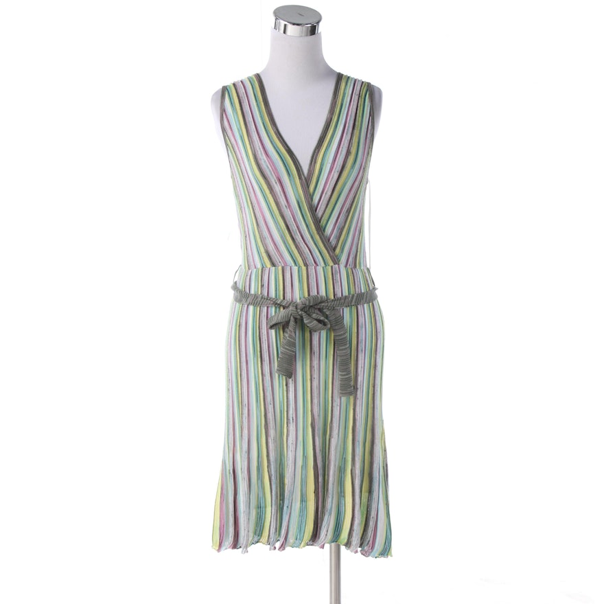 M Missoni Sleeveless Knit Dress in Striped Cotton Blend with Tie Sash