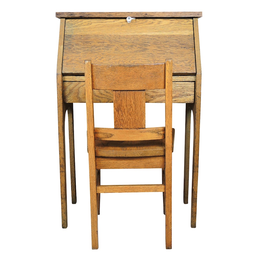 Child's Oak Slant Top Writing Desk and Chair