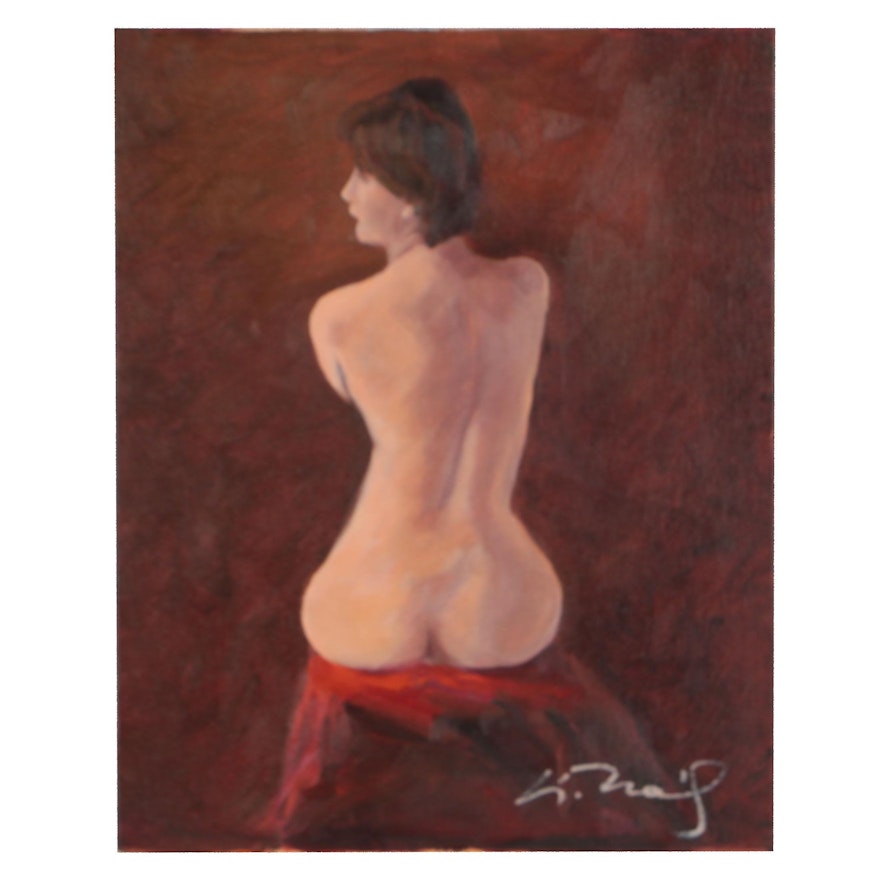 Kelly Naily Oil Painting "Nude on a Red Bench"