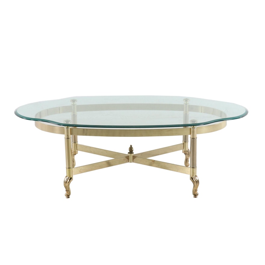 Transitional Brass And Glass Top Coffee Table, Late 20th Century