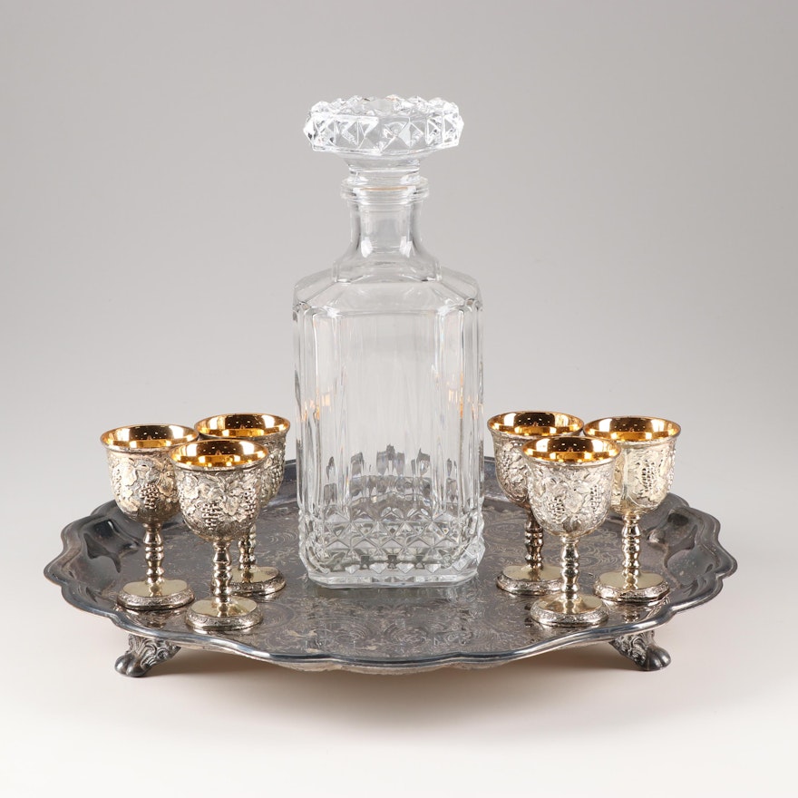 Cristal D'Arques-Durand Decanter with Silver Plated Tray and Wine Goblets