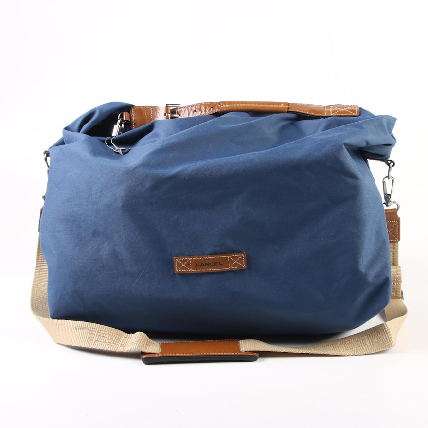 Lancel Lightweight Blue Nylon Weekender Bag with Leather Trim